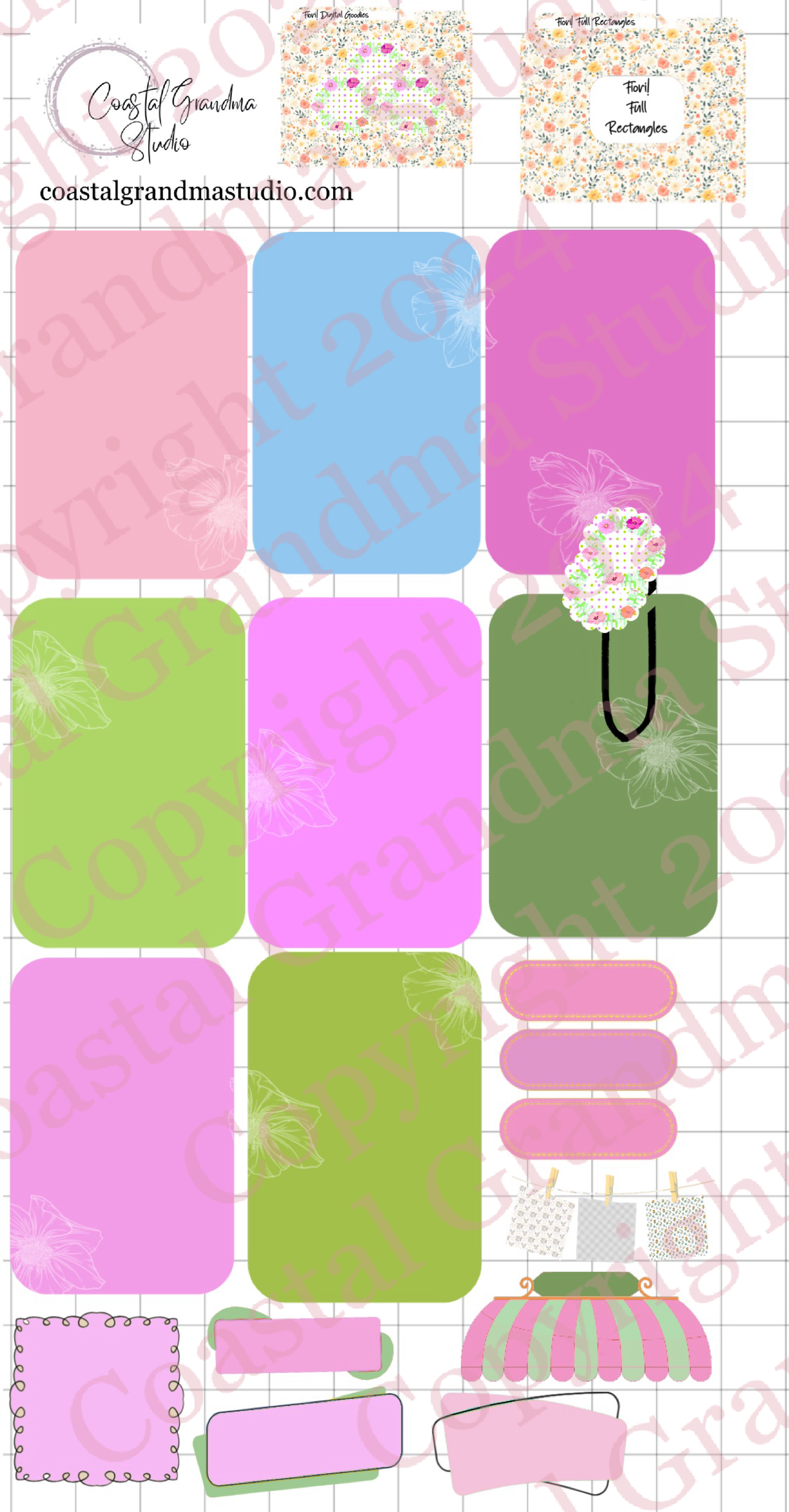 Fiori! Full Rectangles Digital Pre-Cropped Stickers For Goodnotes (7400-FR)