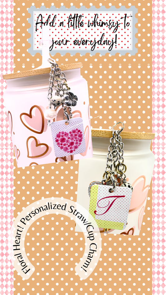 Floral Heart Personalized Straw/Cup Charm (1594-CC)