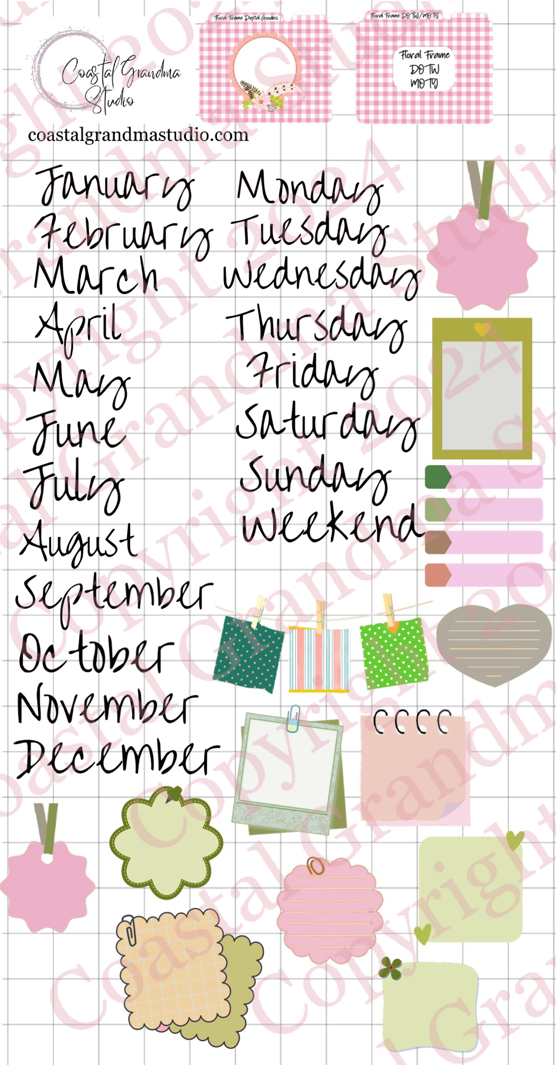 Floral Frame! Days Of The Week/Months Of The Year Download Pre-Cropped Stickers For Goodnotes (4600-DM)