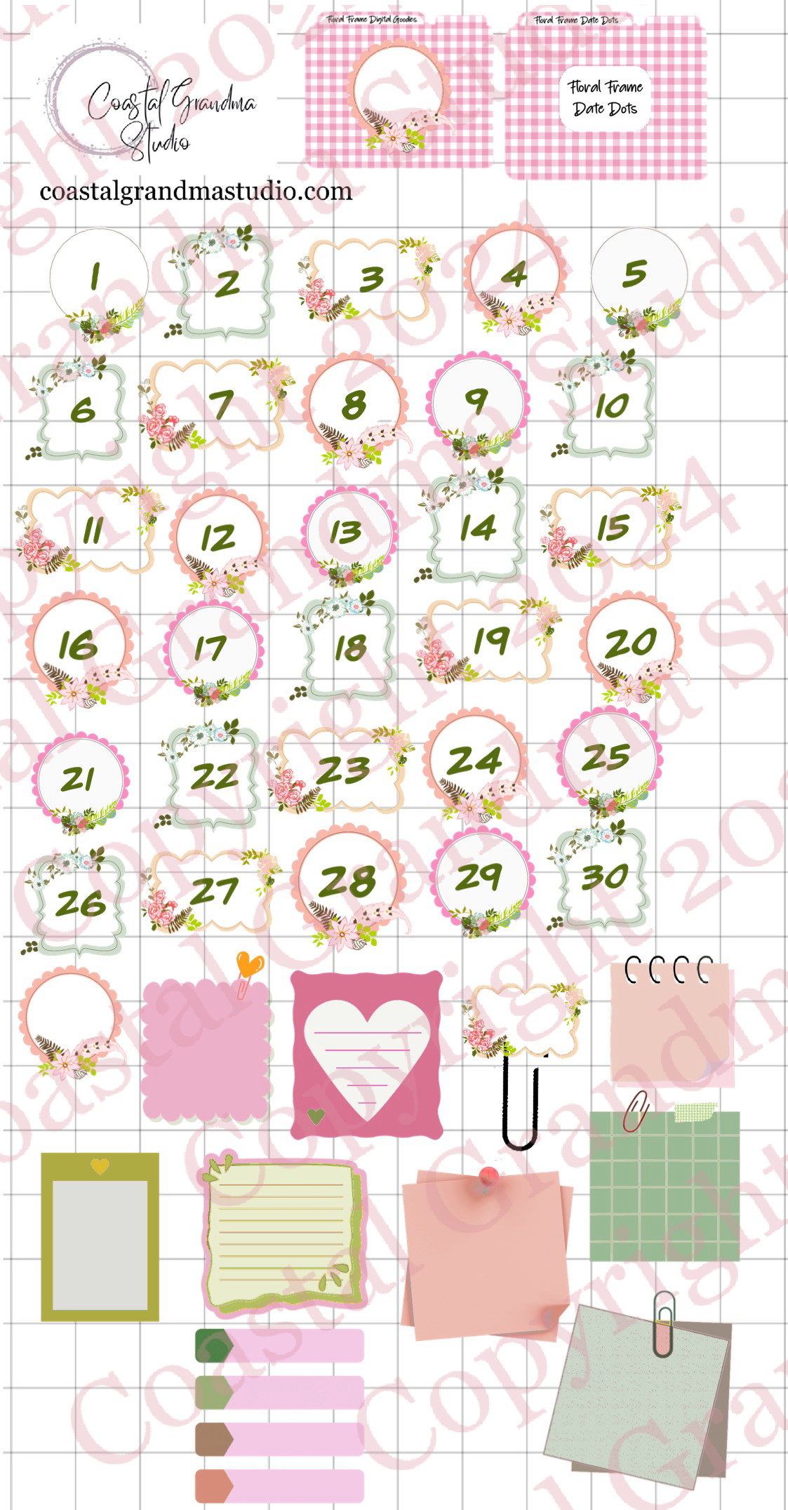 Floral Frame! Date Dots Download Pre-Cropped Stickers For Goodnotes (4600-DD)