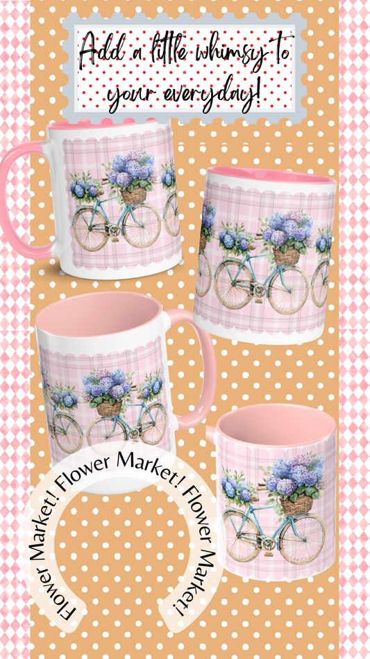 Flower Market Ceramic Mug With Pink Handle, Rim and Interior 11 oz.