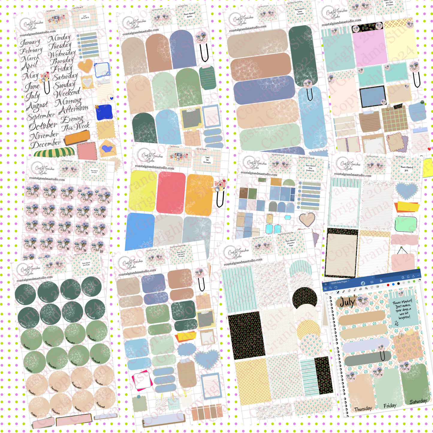 Collection of digital planner stickers for goodnotes 12-sheet bundle flower market bike with flowers.