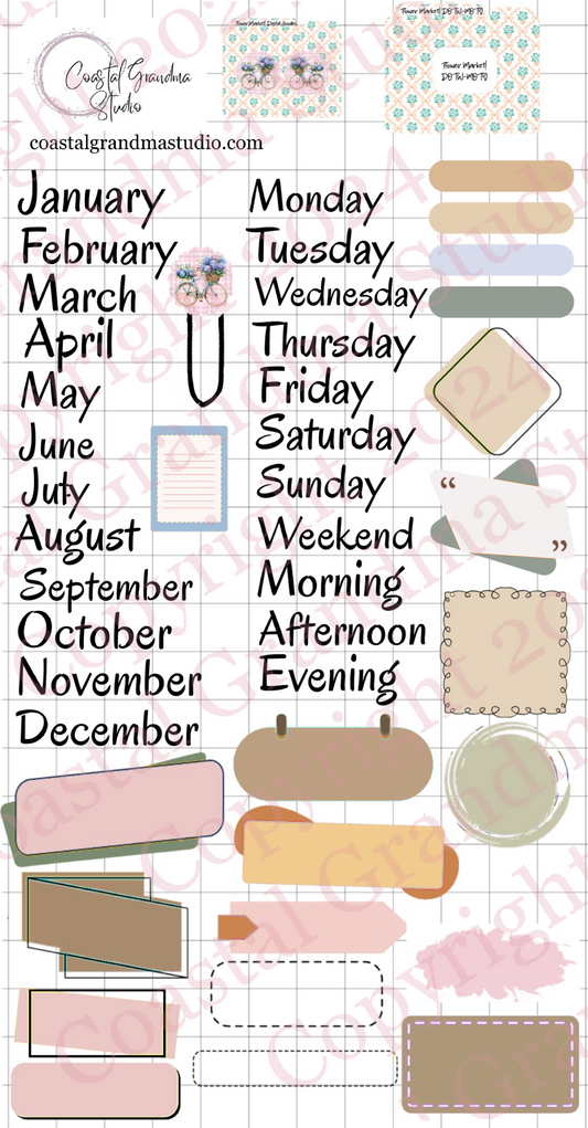 Flower Market! Days Of The Week/Months Of The Year Digital Pre-Cropped Stickers For Goodnotes (7200-DM)