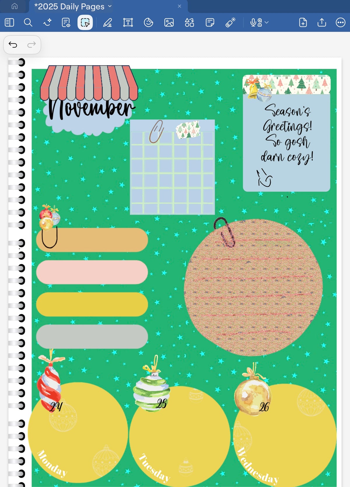 Goodnotes Digital Planner Spread only using date dots, stickers and coordinating pattren paper from the Season's Greetings Digital Sticker Bundle.