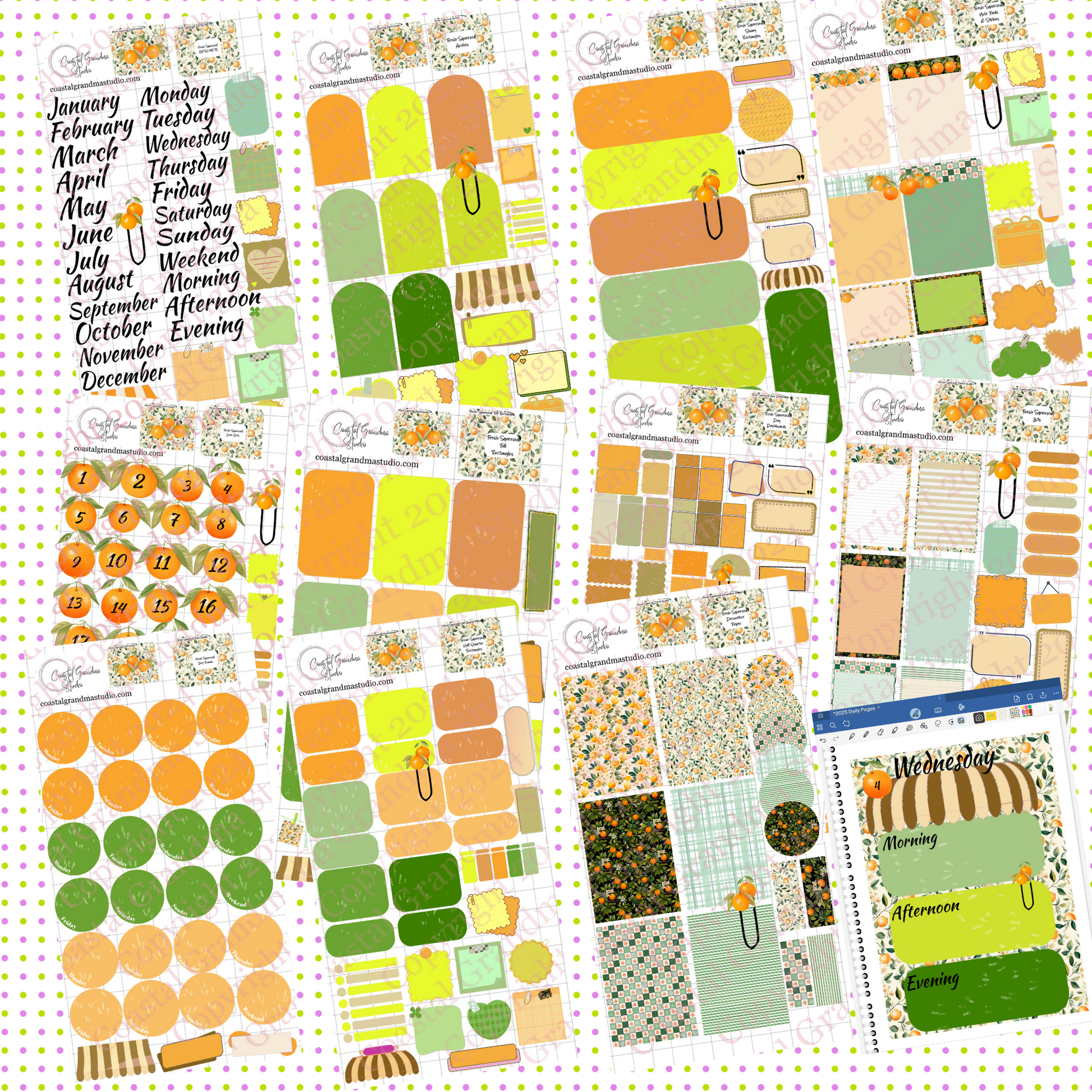 Collection of Goodnotes planner stickers with various designs and colors all with oranges, greens and awninags summer