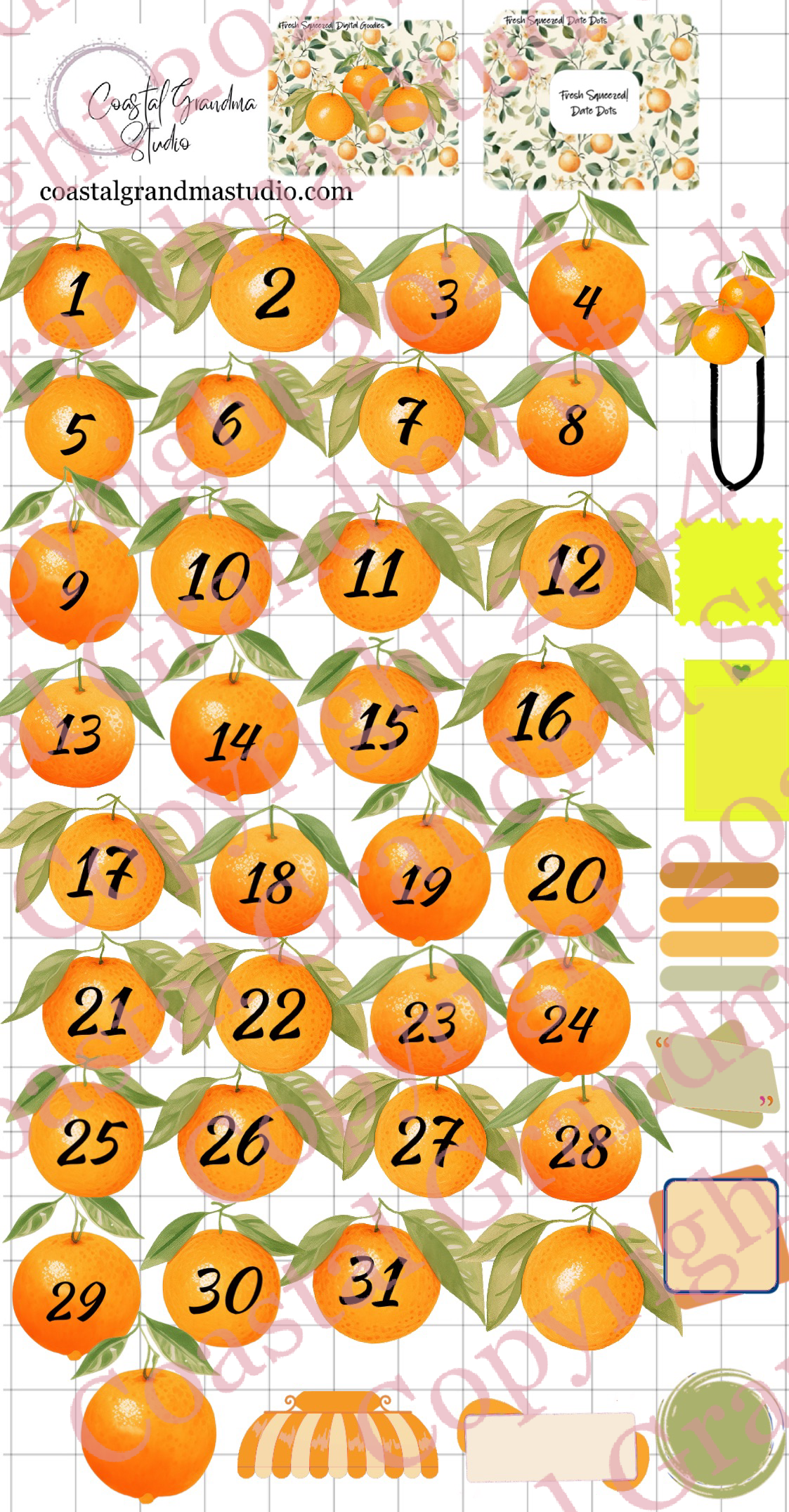 Fresh Squeezed! Date Dots Digital Pre-Cropped Stickers For Goodnotes (7500-DD)