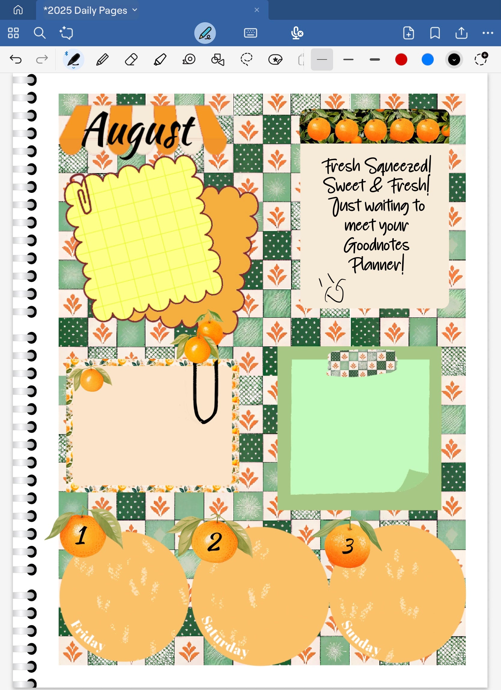 August-themed planner spread with orange illustrations and text on a checkered background