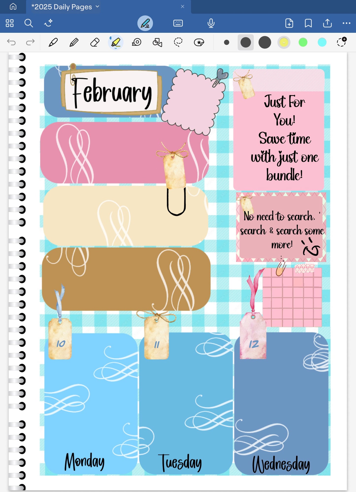 Goodnotes Planner spread with digital decorative elements coquette vibes with bows and floral prints