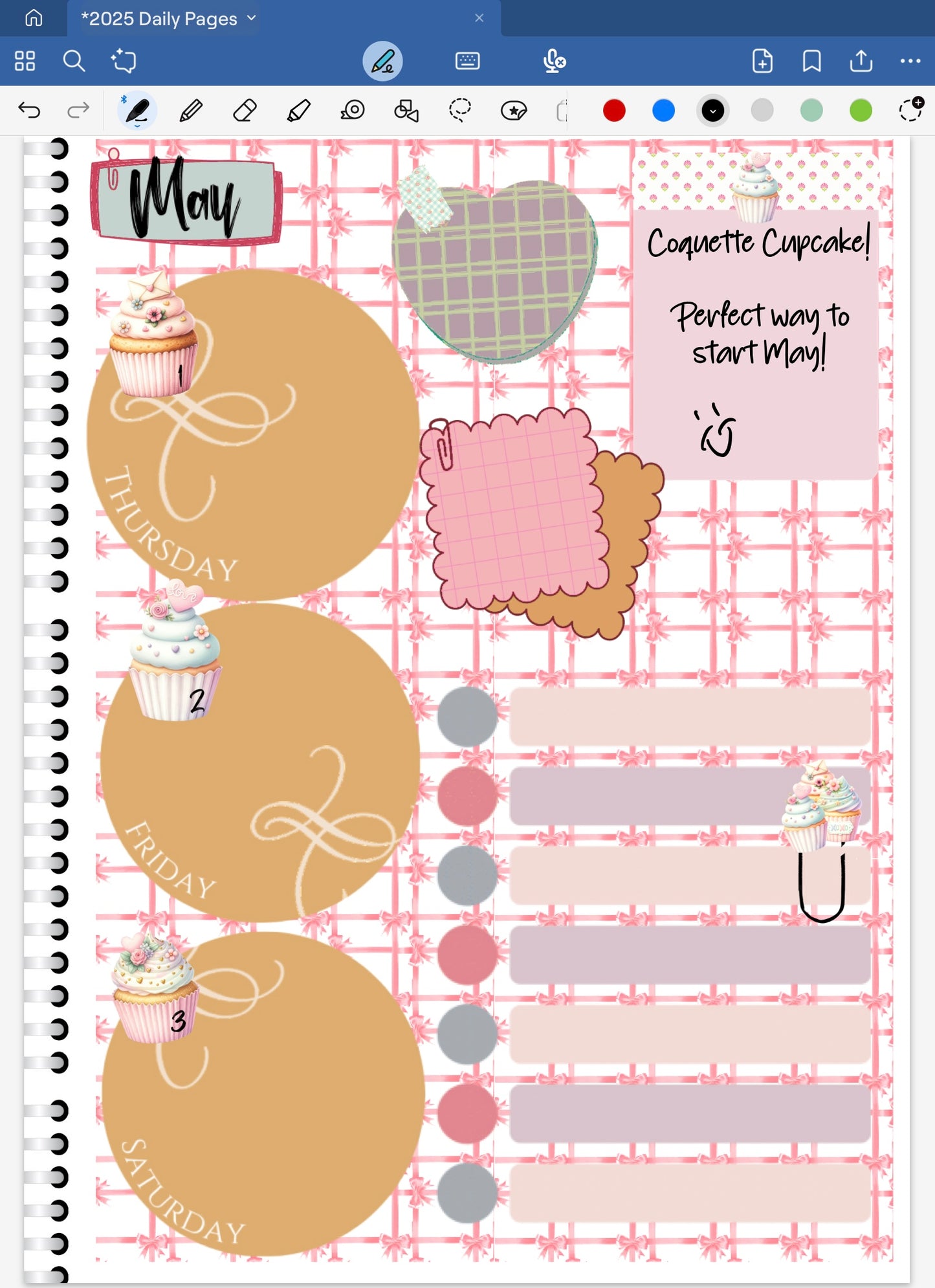 Goodnotes digital planner spread only using date dots, stickers and coordinating patterned papers from the Coquette Cupcake Digital Stickter Bundle.
