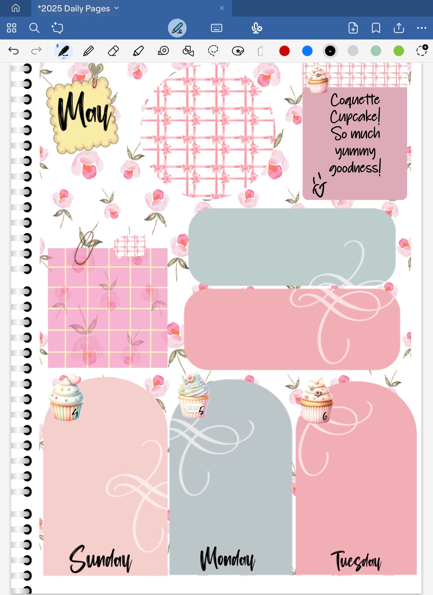 Goodnotes Digital Planner spread using only date dots, stickers and coordinated pattern paper from the Coquette Cupcake Digital Sticker Bundle.