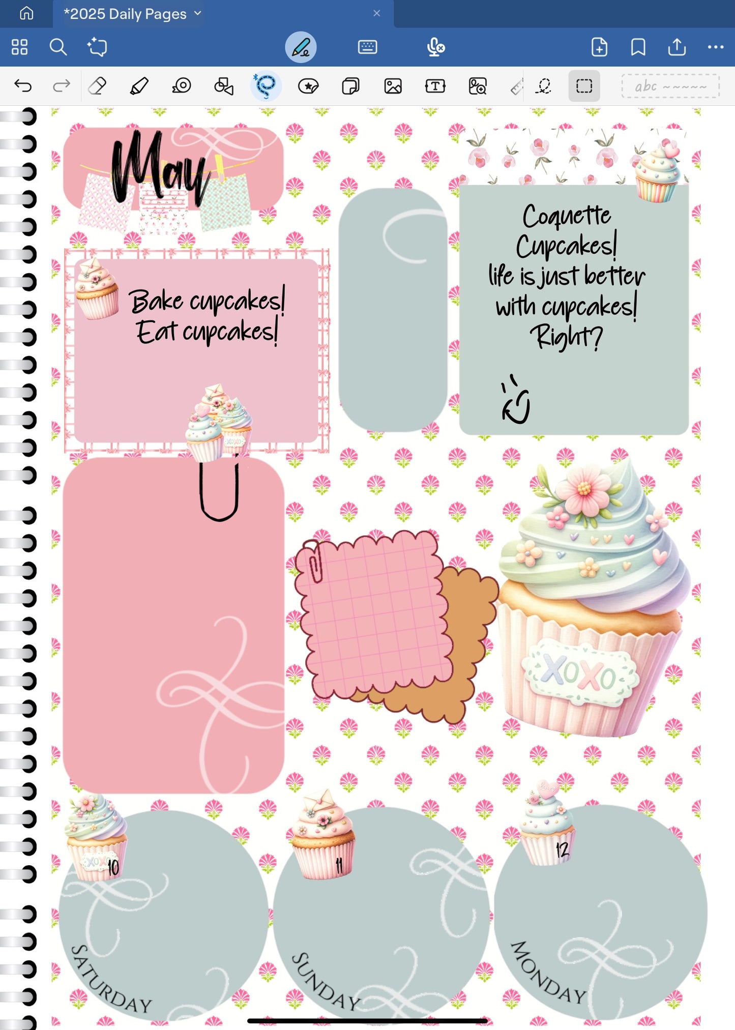 Goodnotes Digital Planner Spread only using date dots, stickers and coordinating patterned paper from the Coquette Cupcakes DIgital Sticker Bundle.