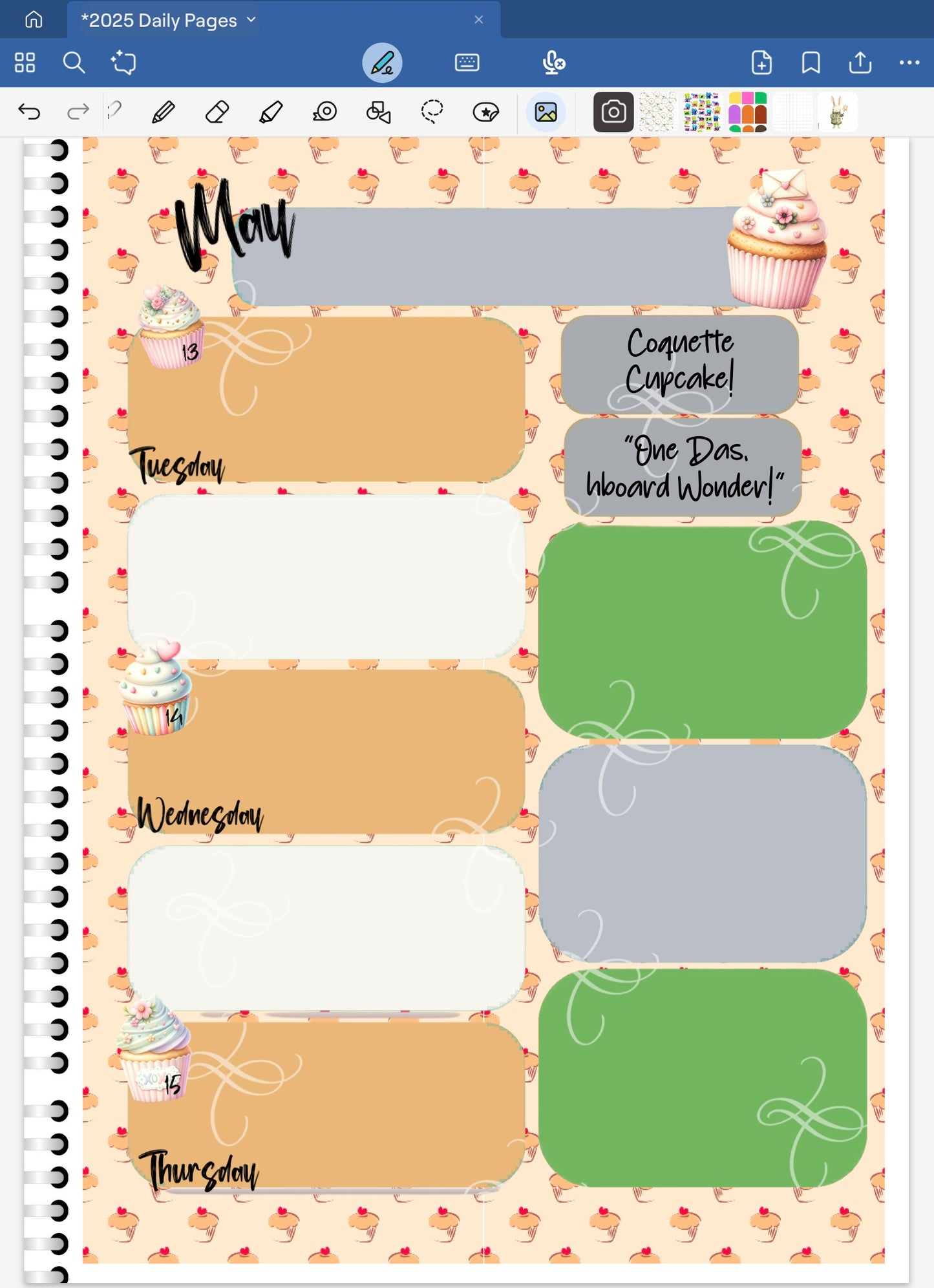 Goodnotes Digital Planner Spread only using date dots, stickers and coordinating patterened papers from Coquette Cupcake Digital Stickers Bundle.