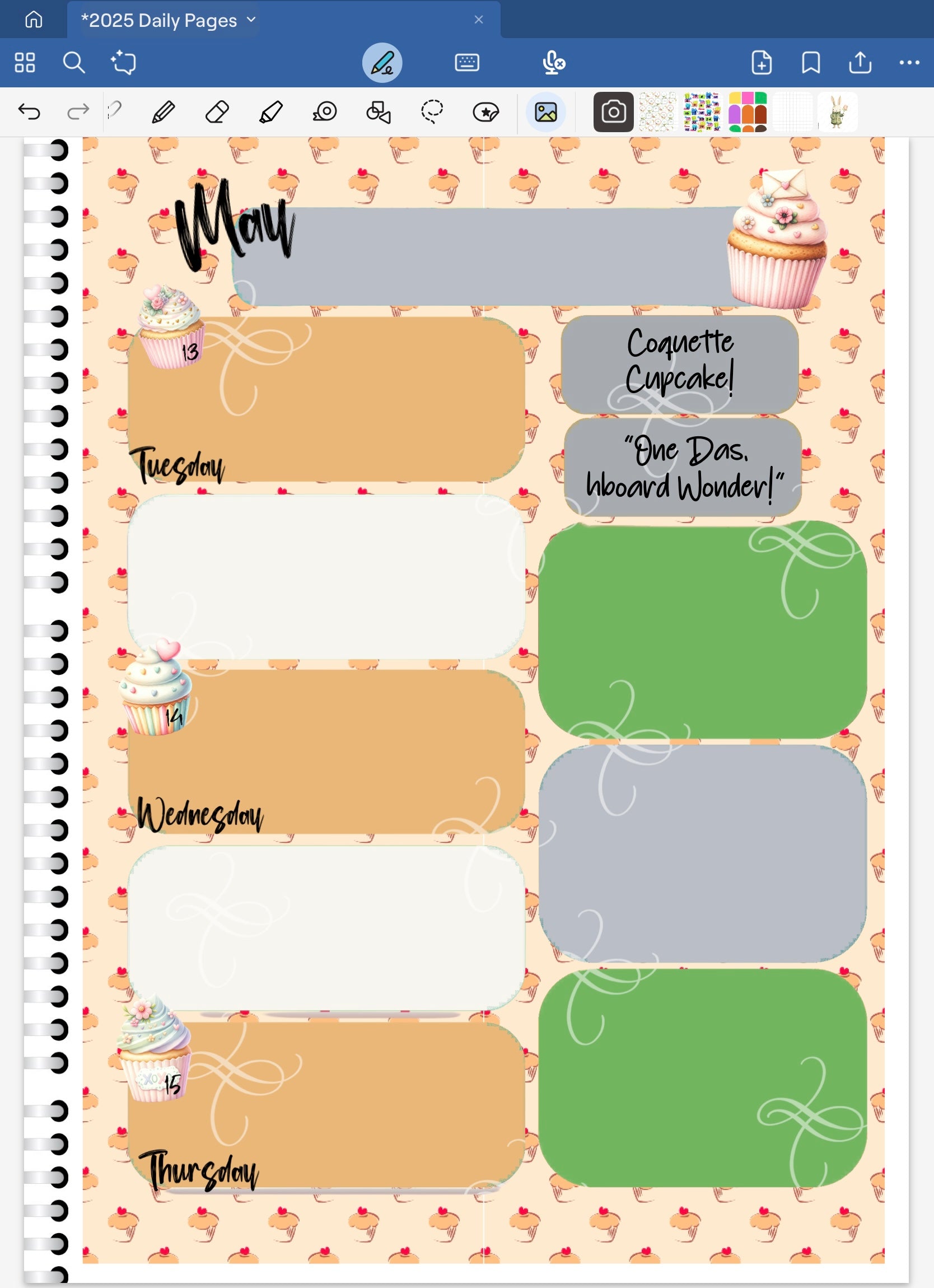 Goodnotes Digital Planner Spread only using date dots, stickers and coordinating patterened papers from Coquette Cupcake Digital Stickers Bundle.
