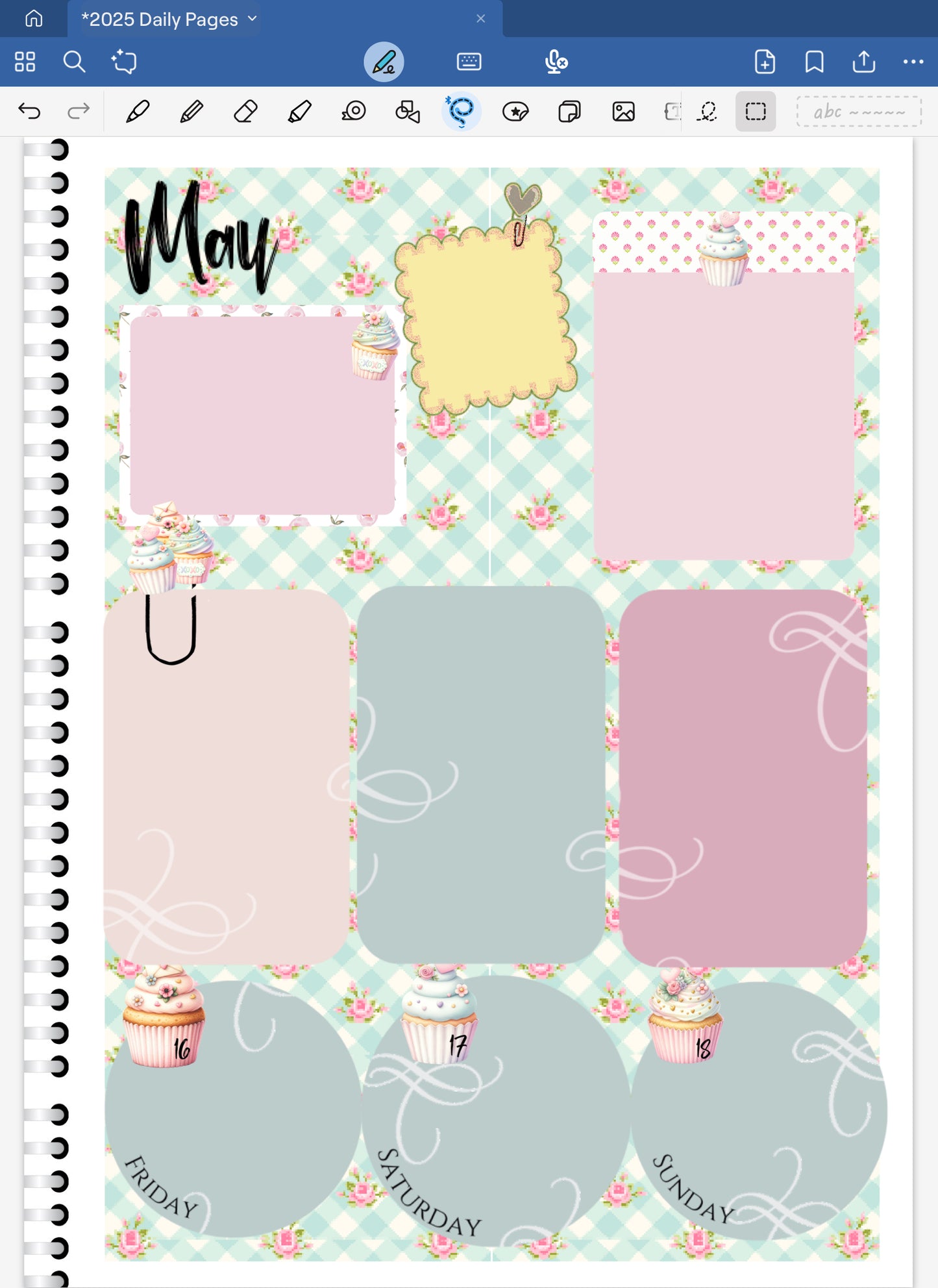 Goodnotes Digital Planner Spread only using date dots, stickers and coordinating patterned deco papers from the Coquette Cupcake Digital Stickers Bundle.