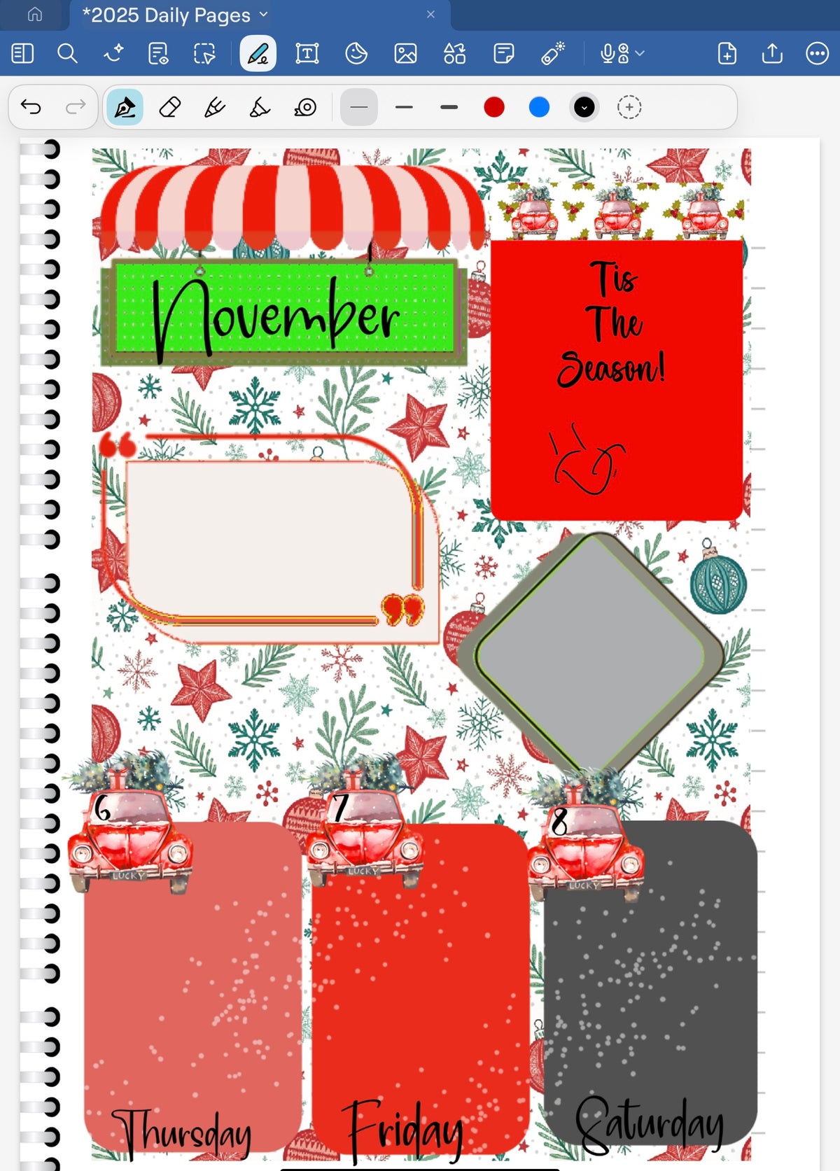 Goodnotes Digital Planner Spread only using date dots, stickers and coordinatinga patterned paper from the Tis The Season Digital Bundle.