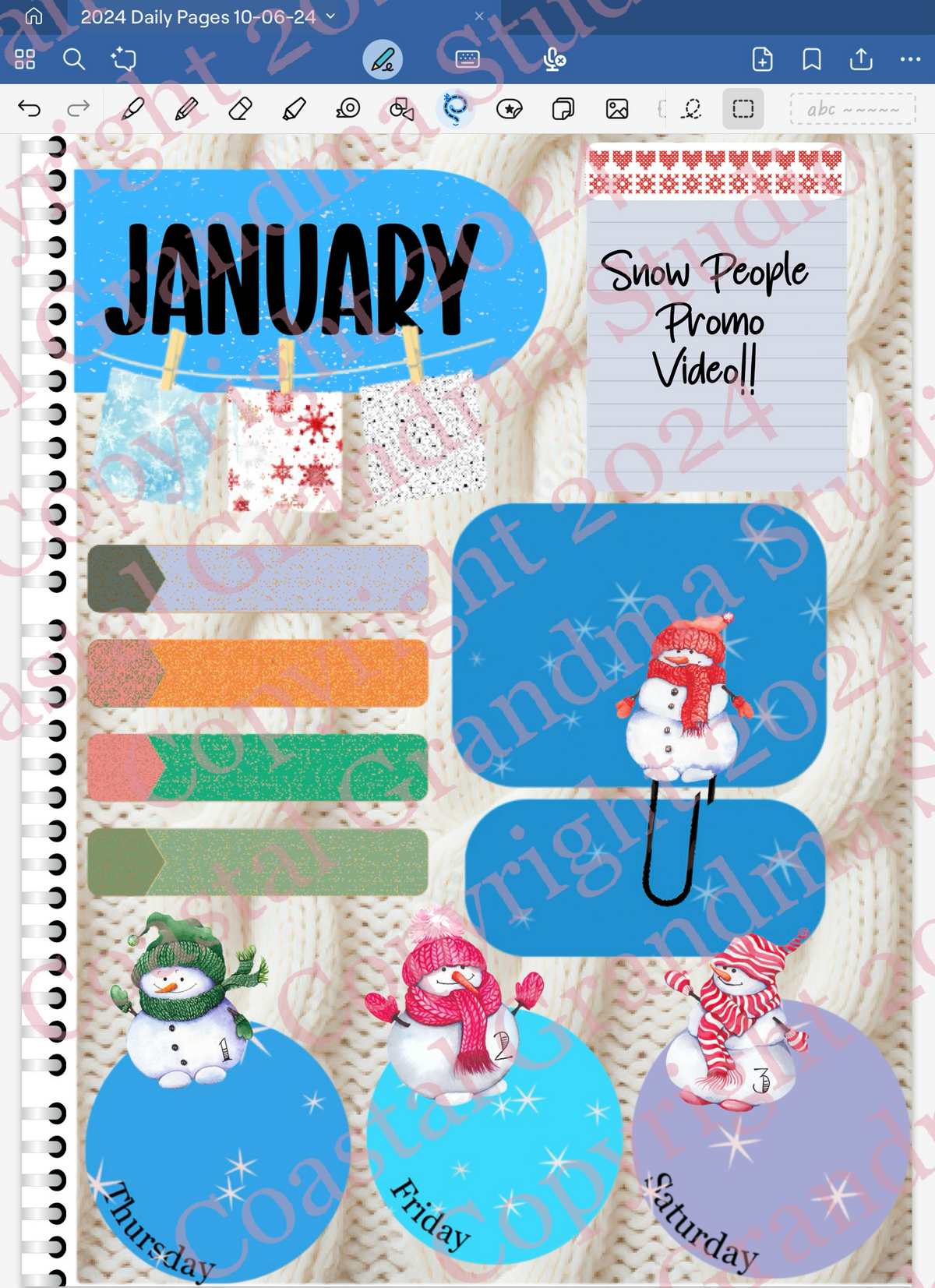 Goodnotes Digital Planner spread using only date dots, stickers and coordinated patterned paper from the Goodnotes Snowpeople Digital Sticker Bundle.