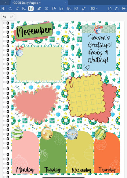 Goodnotes Digital Planner Spread only using date dots, stickers and coordinating pattren paper from the Season's Greetings Digital Sticker Bundle.