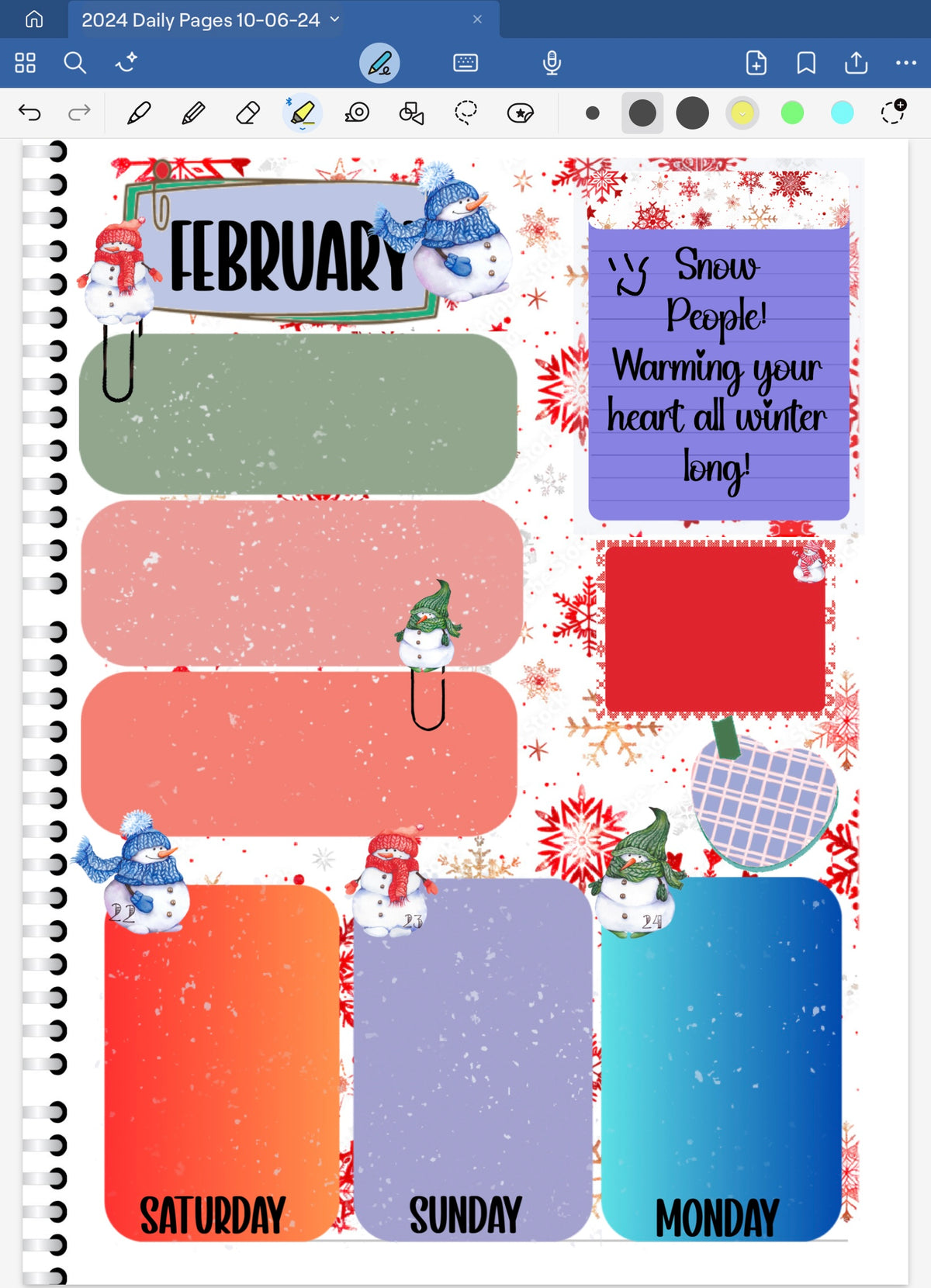 Goodnotes Digital Planner spread using only date dots, stickers and coordinated patterned paper from the Goodnotes Snowpeople Digital Sticker Bundle.platform.