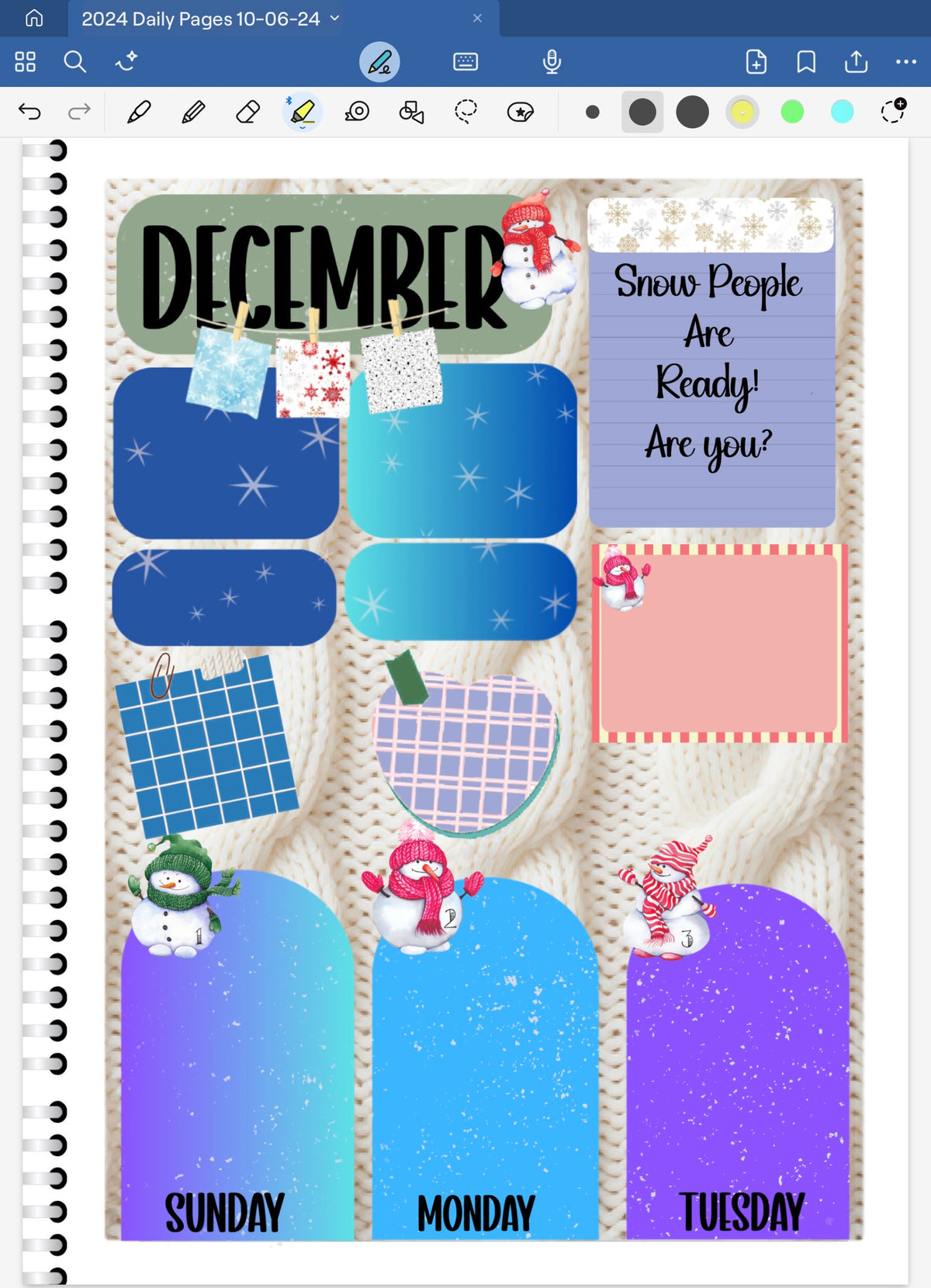 Goodnotes Digital Planner spread using only date dots, stickers and coordinated patterned paper from the Goodnotes Snowpeople Digital Sticker Bundle.