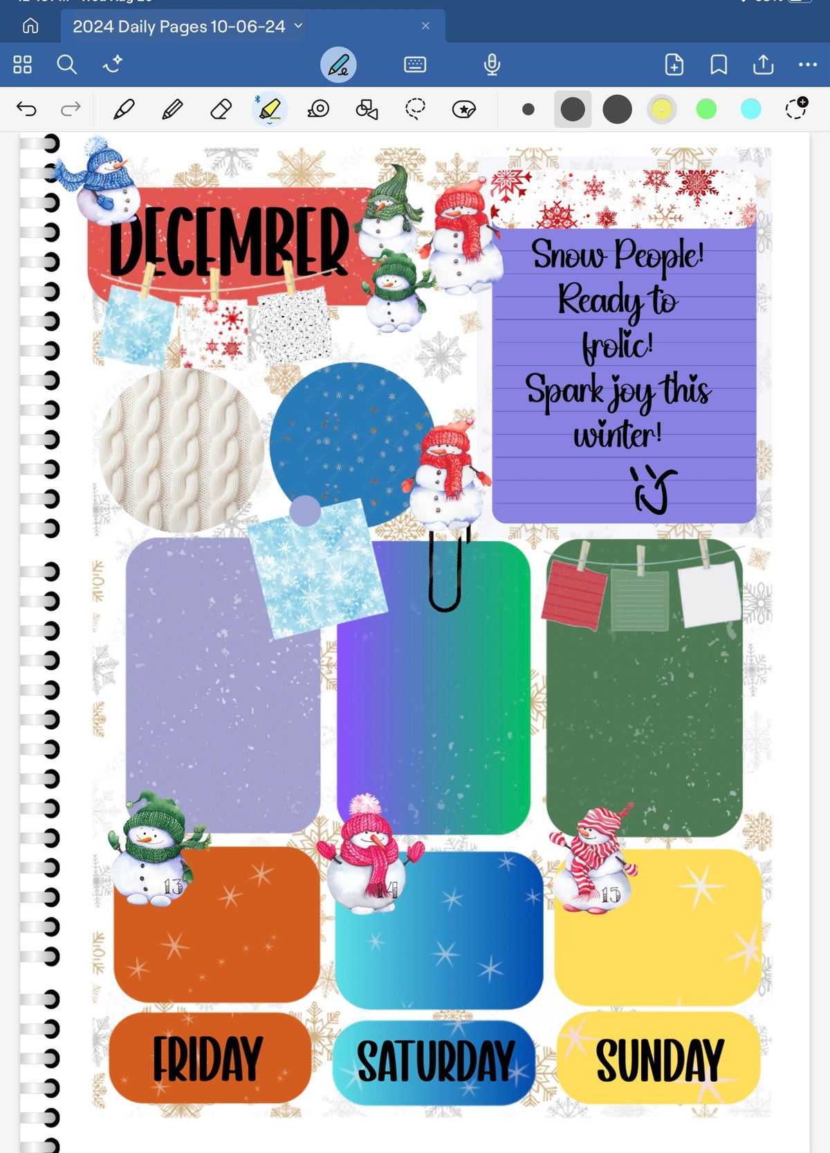 Goodnotes Digital Planner spread using only date dots, stickers and coordinated patterned paper from the Goodnotes Snowpeople Digital Sticker Bundle.