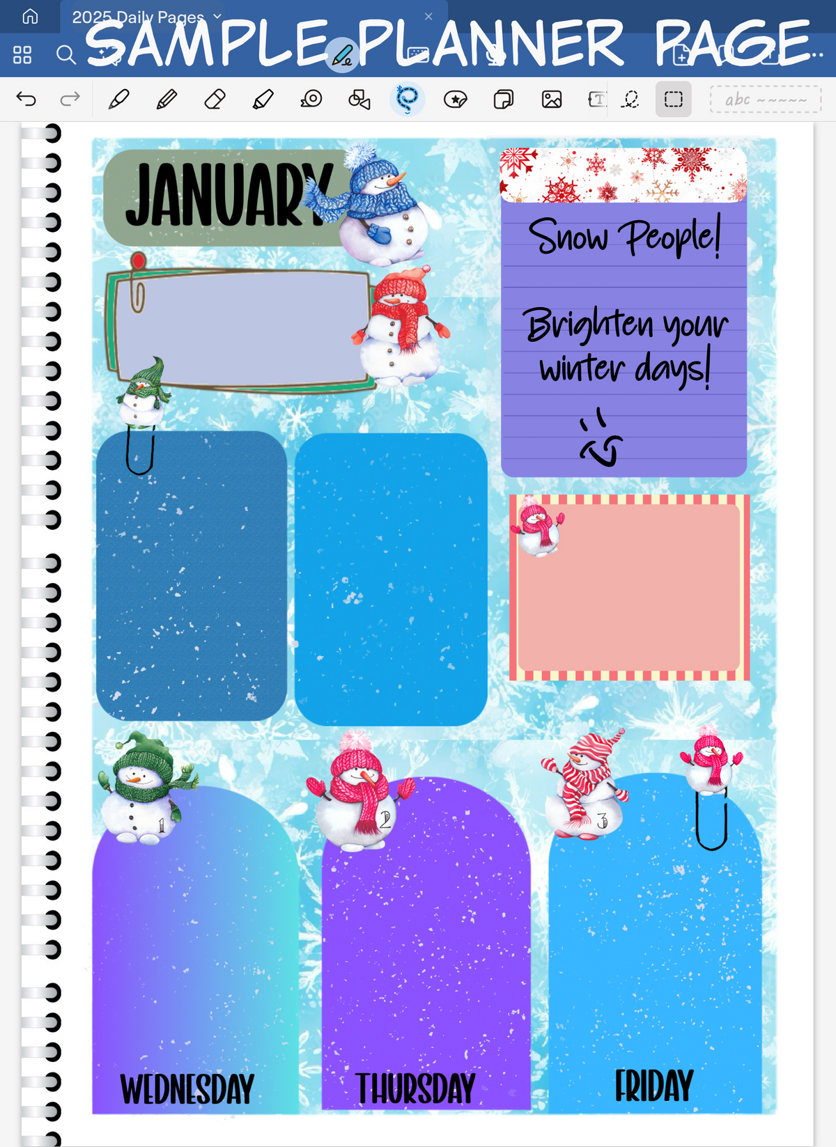 Goodnotes Digital Planner spread using only date dots, stickers and coordinated patterned paper from the Goodnotes Snowpeople Digital Sticker Bundle.