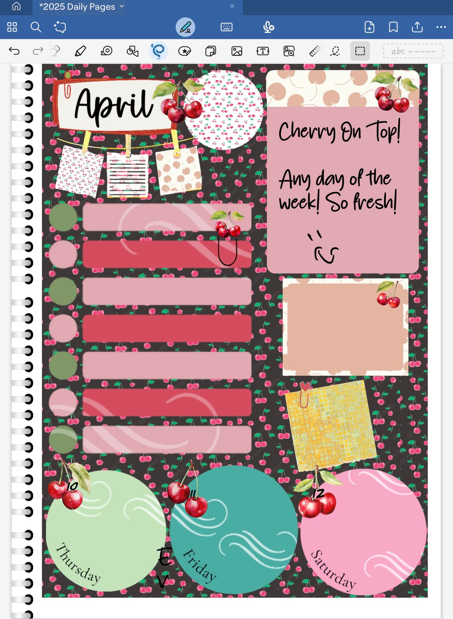 Cherry-themed Goodnotes digital planner spread. CHerry date dots.