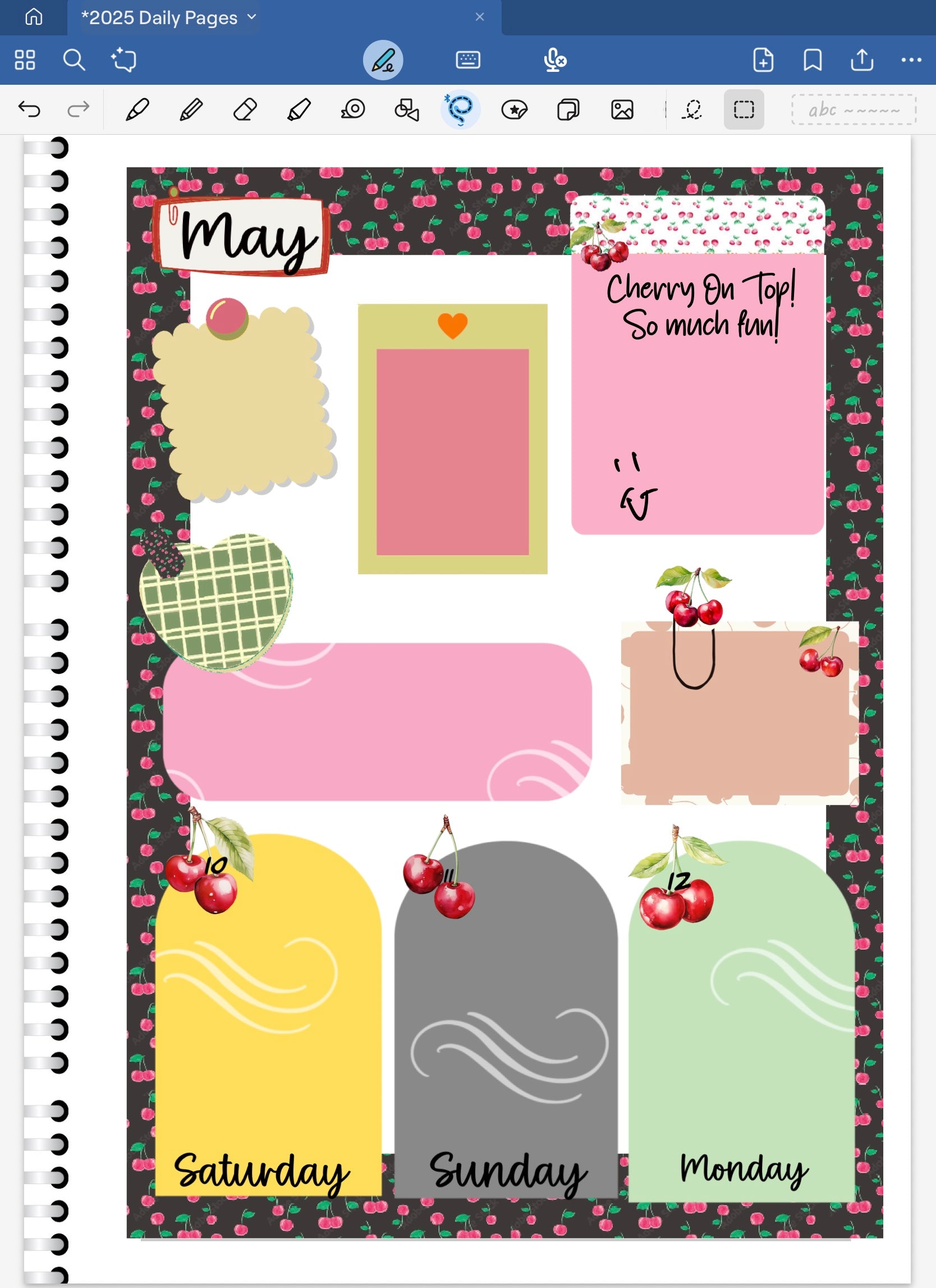 Goodnotes digital planner with colorful days of the week digital stickers and cherry-themed patterns.