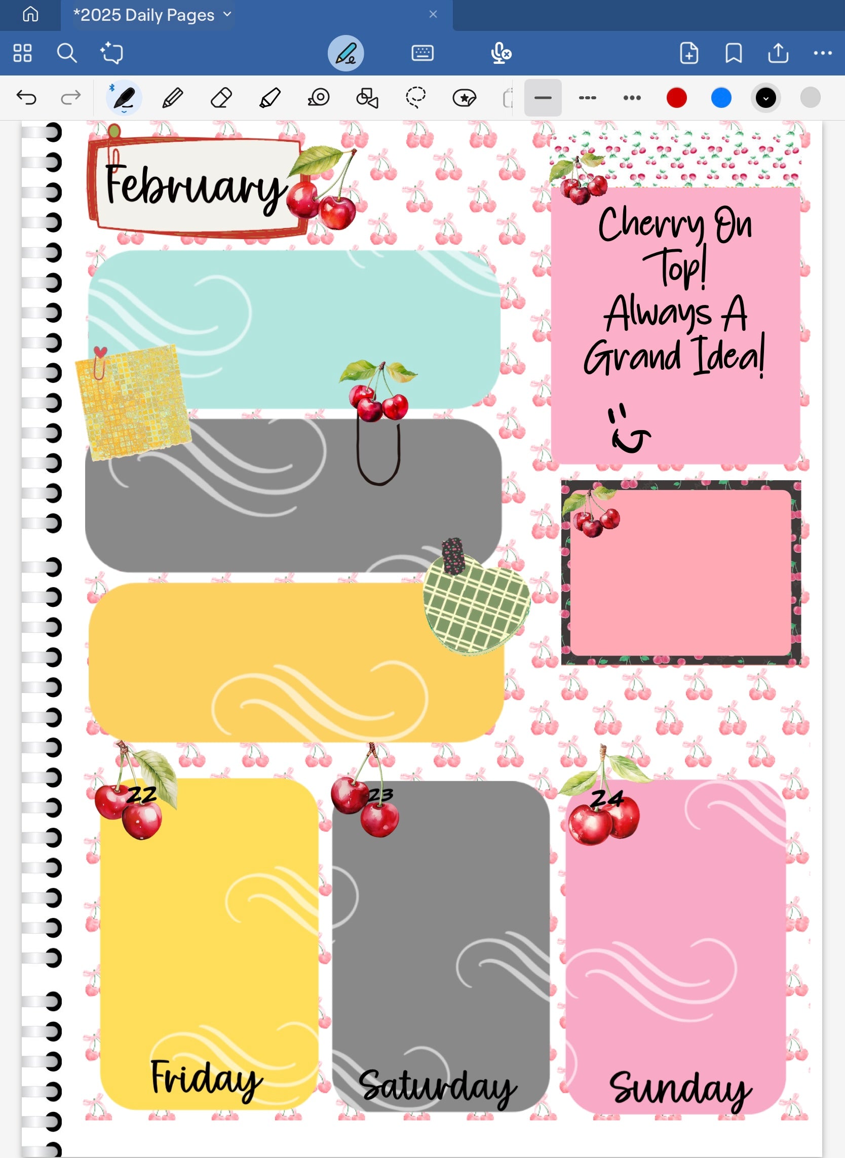 Goodnotes digital planner page with  decorative cherry elements.