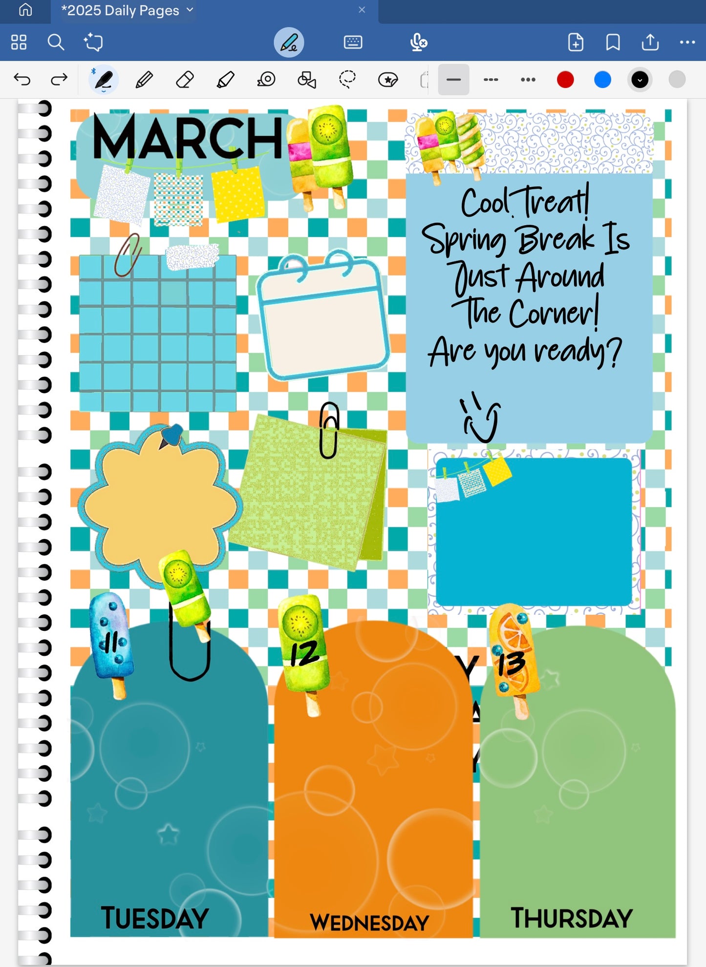 Colorful Goodnotes DIgital Planner Spread with cool treats for summer.