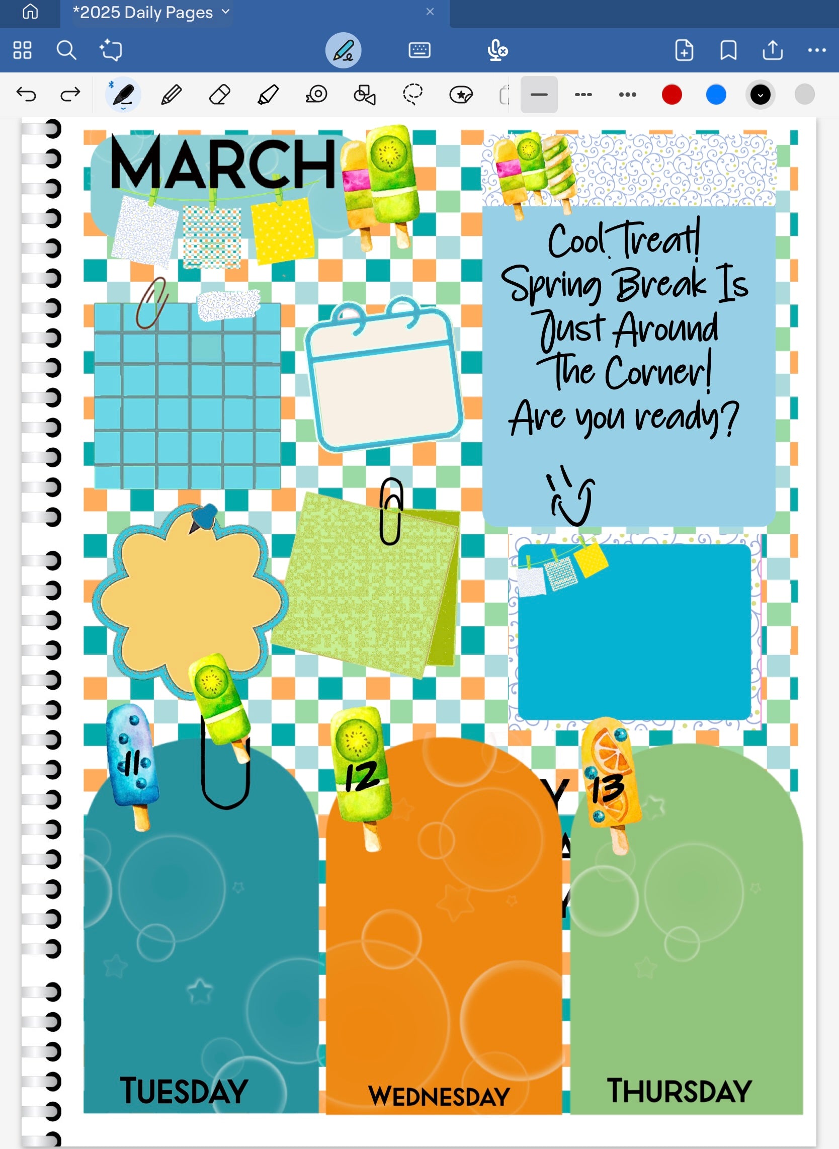 Colorful Goodnotes DIgital Planner Spread with cool treats for summer.