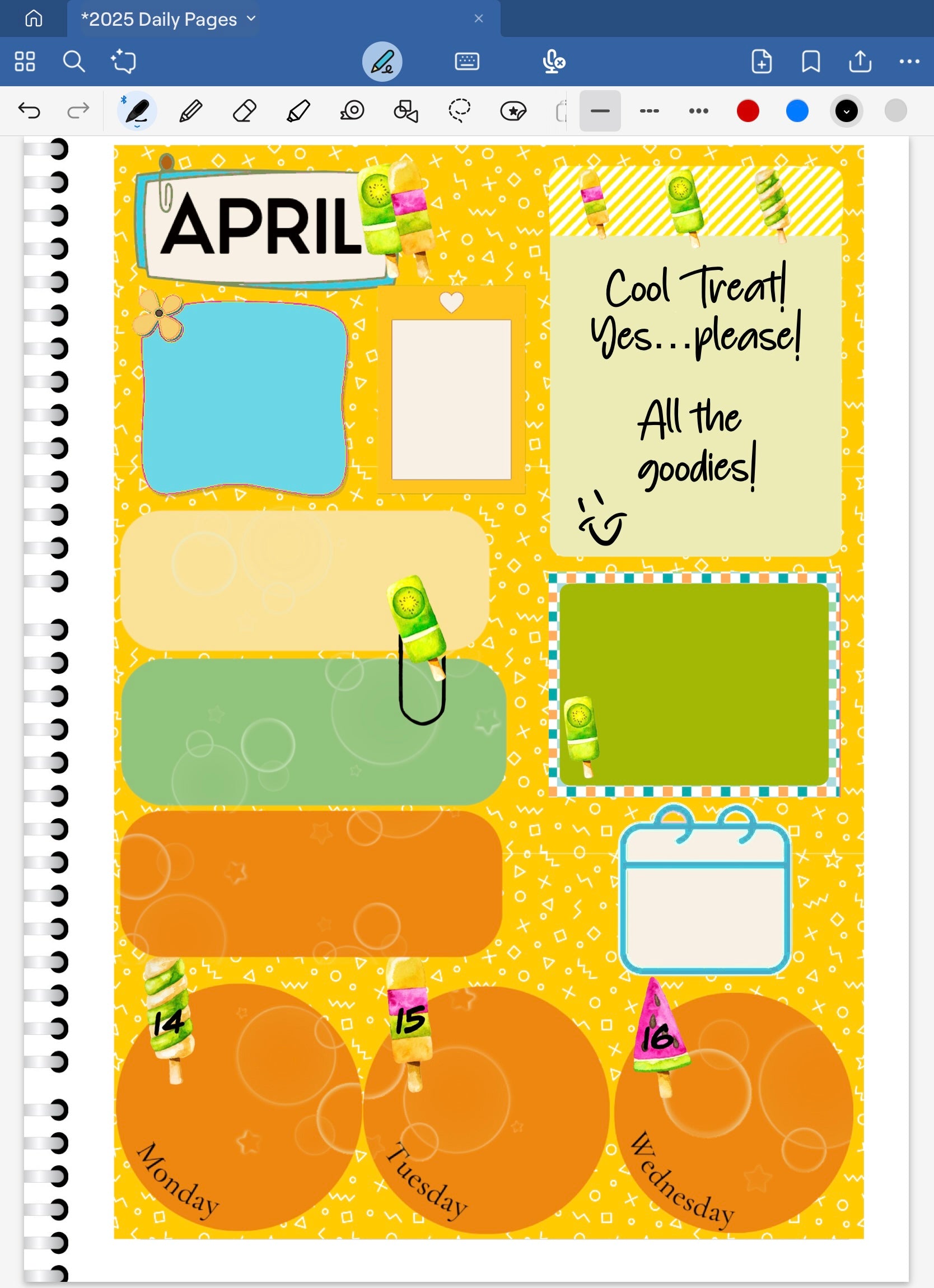 Goodnotes digital spread with ice cream cool treats popsicles.