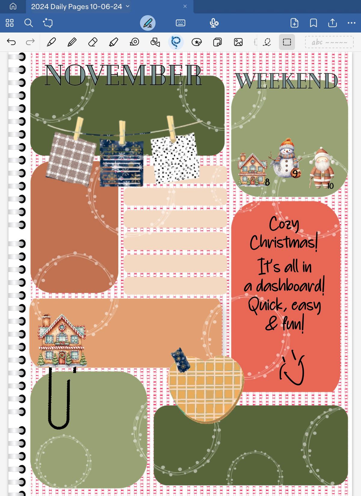 Goodnotes Digital Planner Spread only using date dots, stickers and coordinating patterned paper only from the Cozy Christmas Digital Bundle.