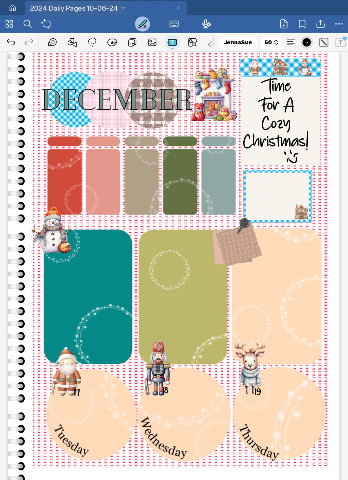Goodnotes Digital Planner spread  only using date dots, stickers and coordinated patterned deco paper from the Cozy Christmas Digital Collection.