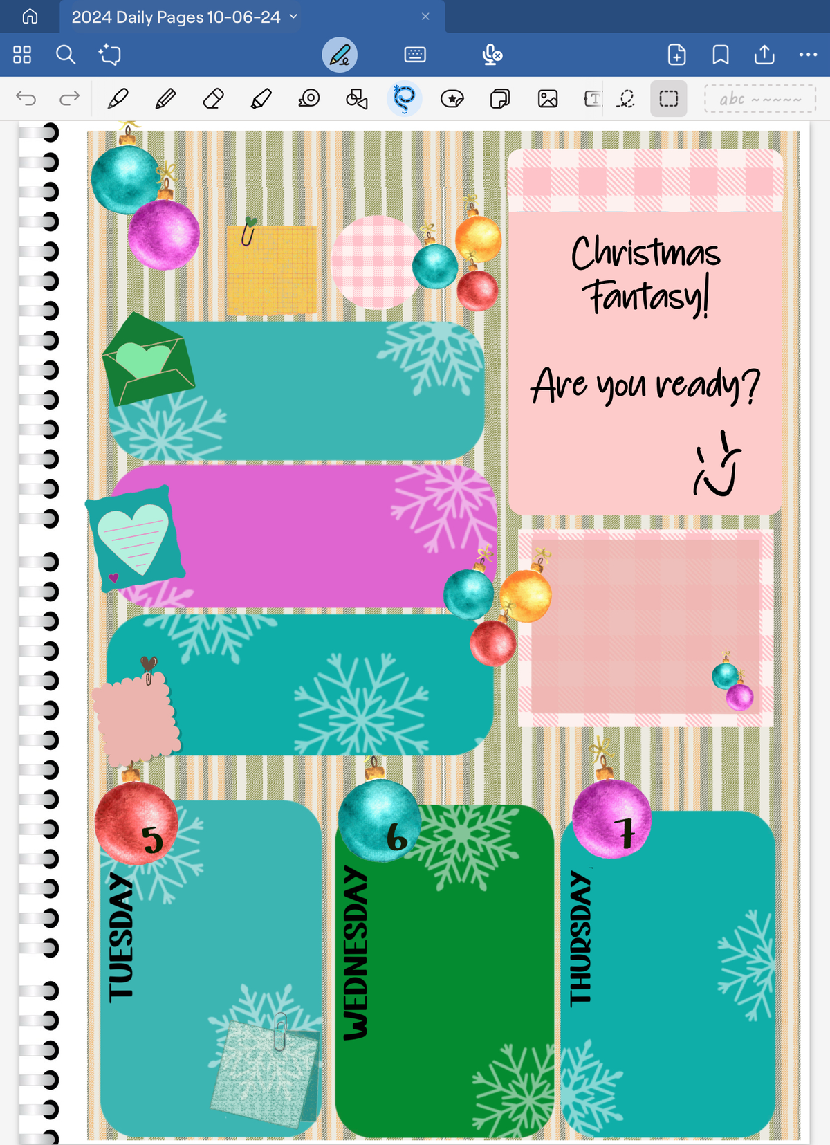 Goodnotes Digital Planner Spread Christmas Fantasy using only date dots, stickers and coordinating patterned papers from the Christmas Fantasy Bundle.