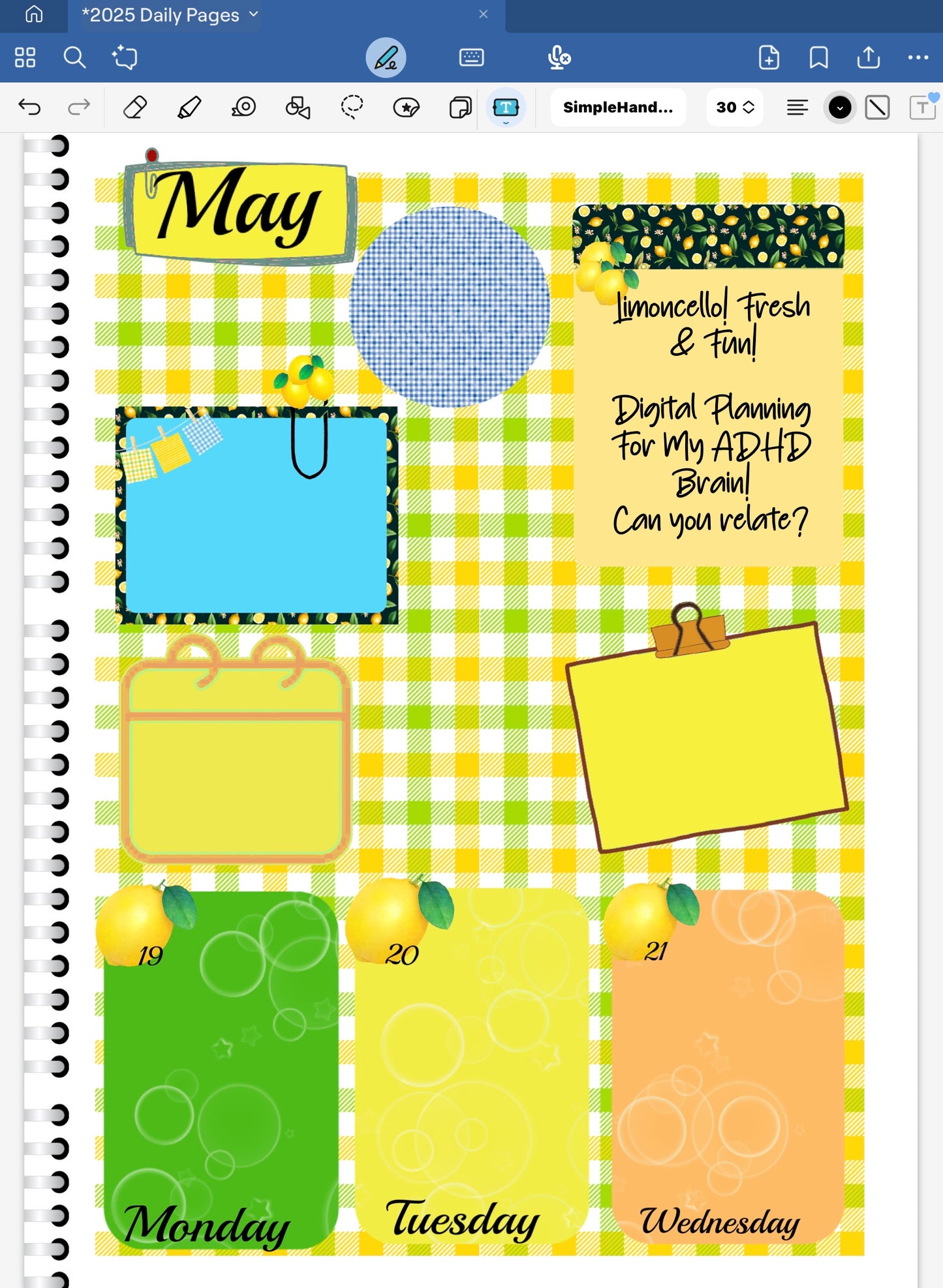 Goodnotes Digital Planner Spread using only stickers from the Limoncello Collection. Lemon date dots.