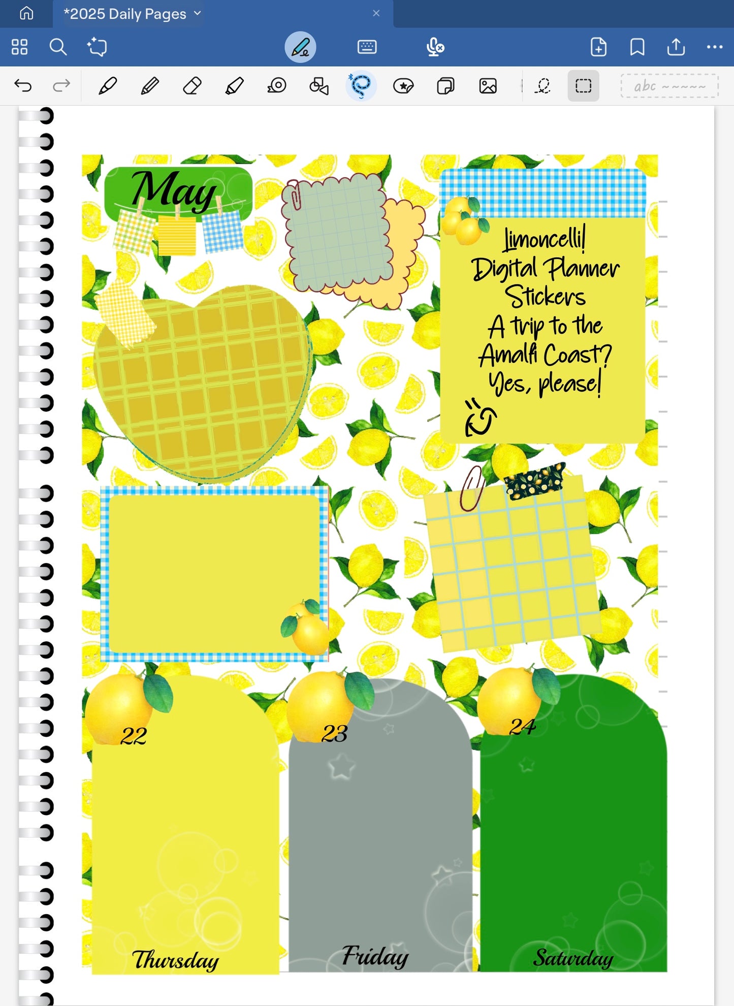 Goodnotes digital planner spread using only stickers from the Limoncello bundle. Lemon date dots and coordinating aptterned paper.