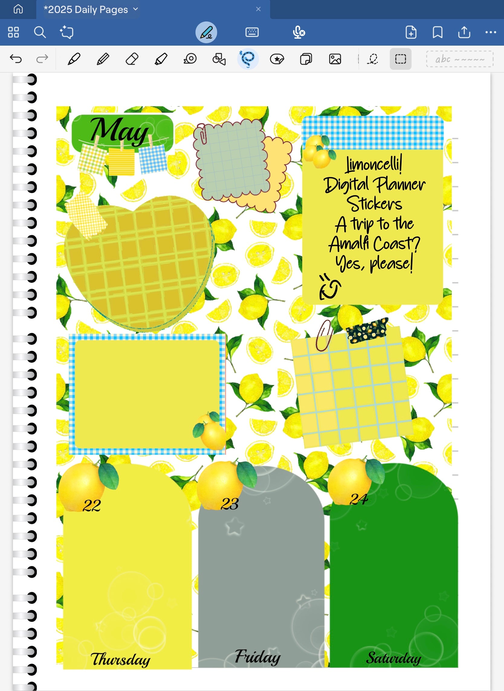 Goodnotes digital planner spread using only stickers from the Limoncello bundle. Lemon date dots and coordinating aptterned paper.