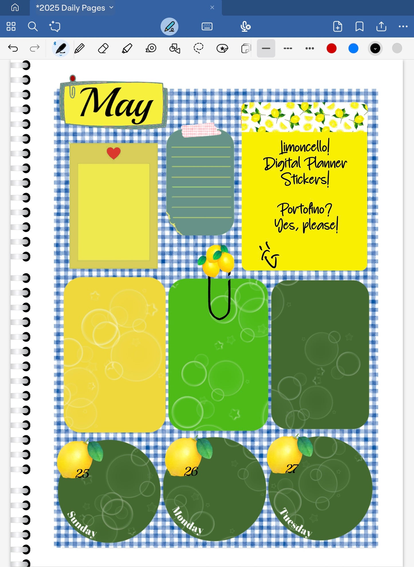 Goodnotes Digital Planner Spread using all stickers from the Limoncello DIgital Sticker Bundle. Lemon date dots and coordinating patterned paper.