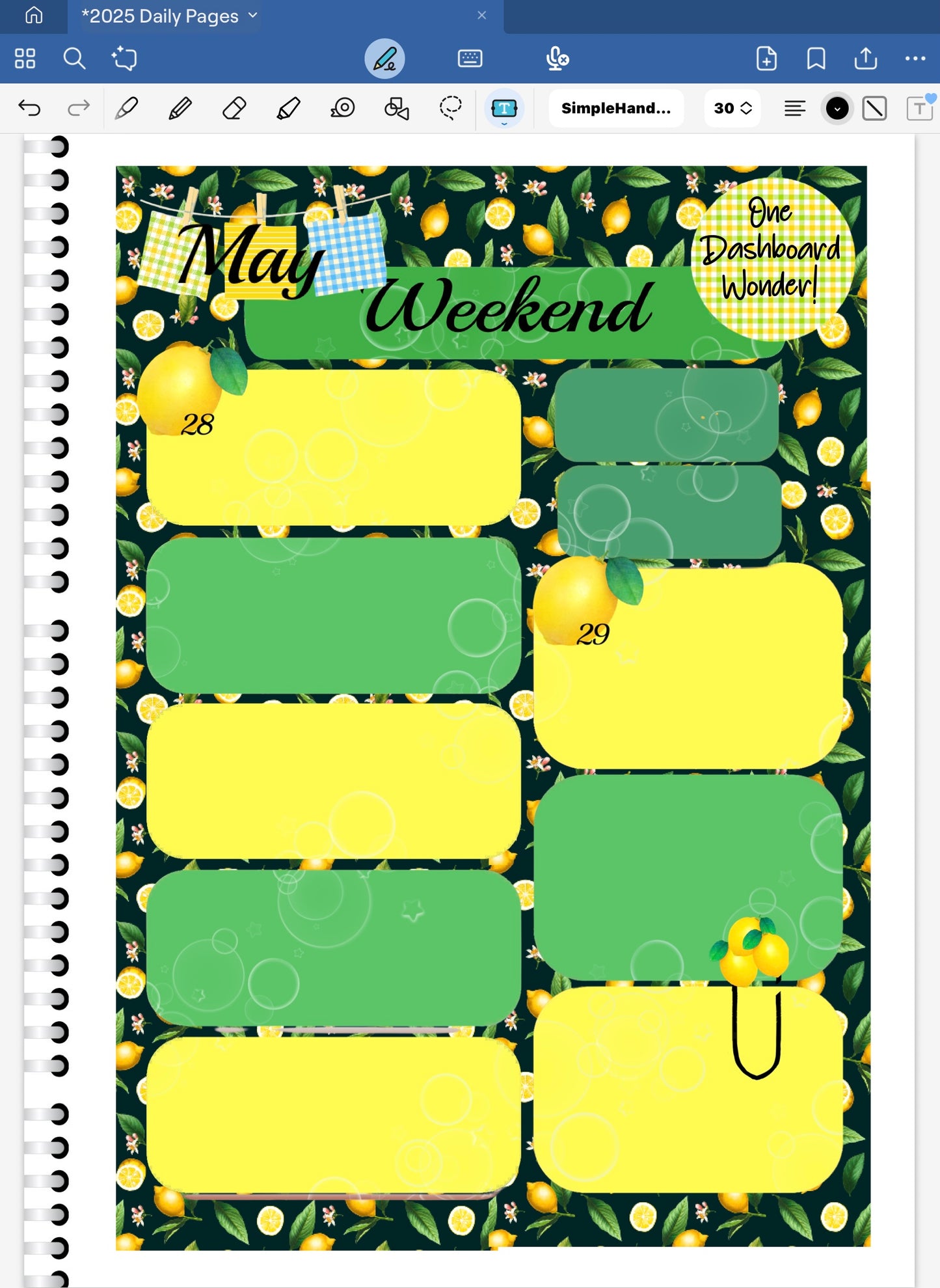 Goodnotes Digital Planner Spread using stickers from the Limoncellp Bundle. Lemon date dots and coordinating patterned paper. One dashboard sticker!