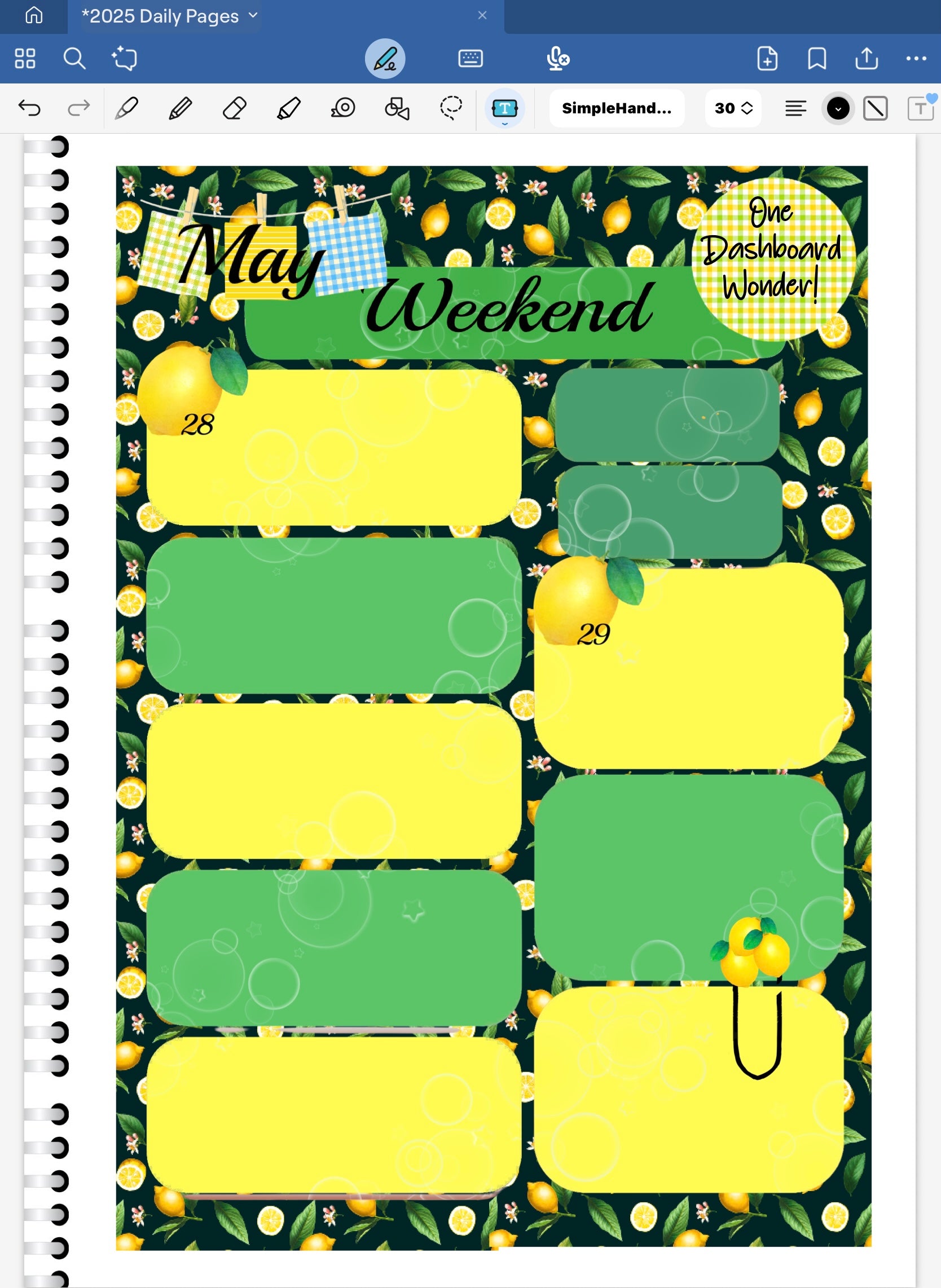 Goodnotes Digital Planner Spread using stickers from the Limoncellp Bundle. Lemon date dots and coordinating patterned paper. One dashboard sticker!