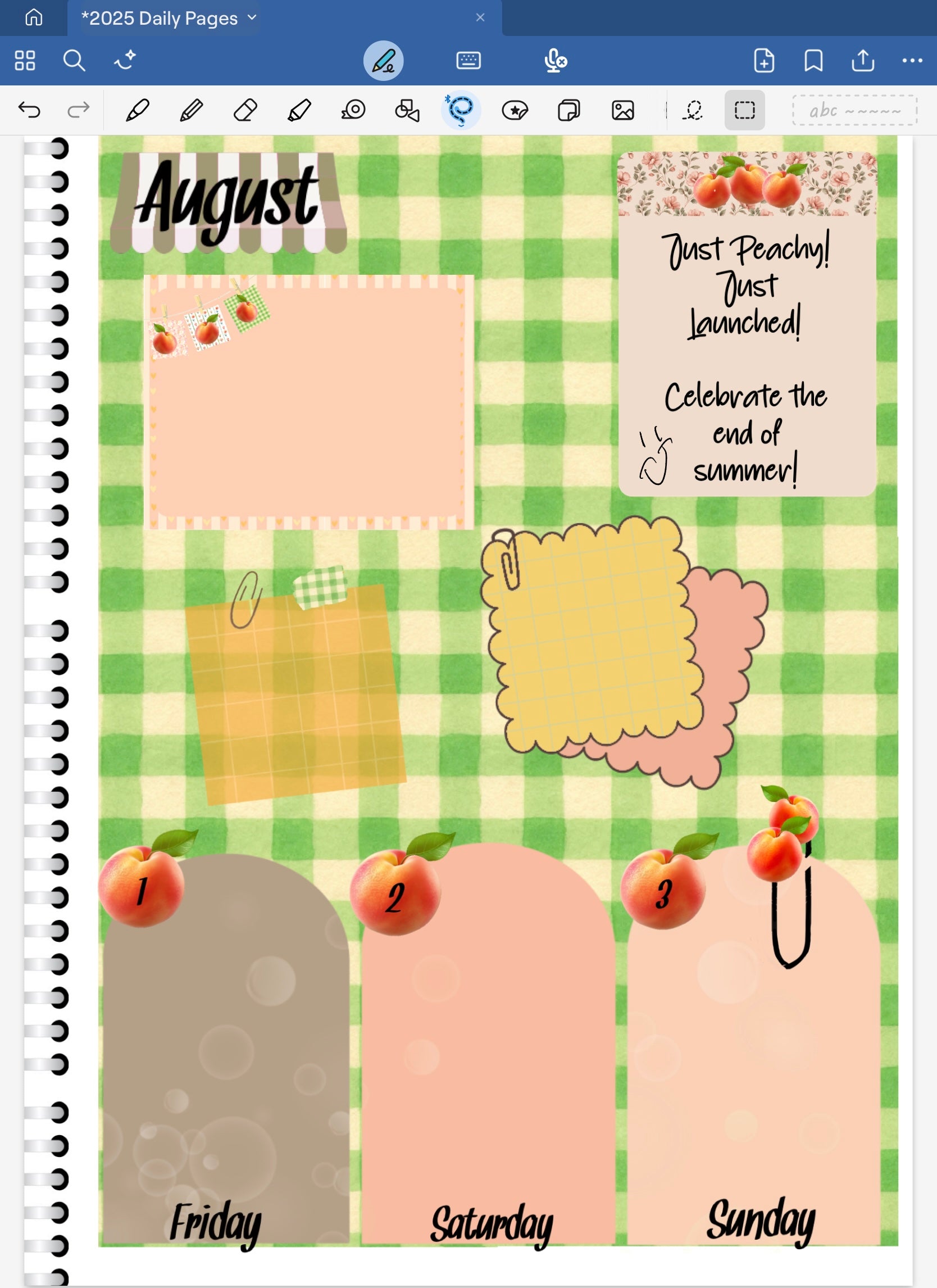 Goodnotes digital planner spread with Just Peachy digital date dots and preppy and coquette gingham.