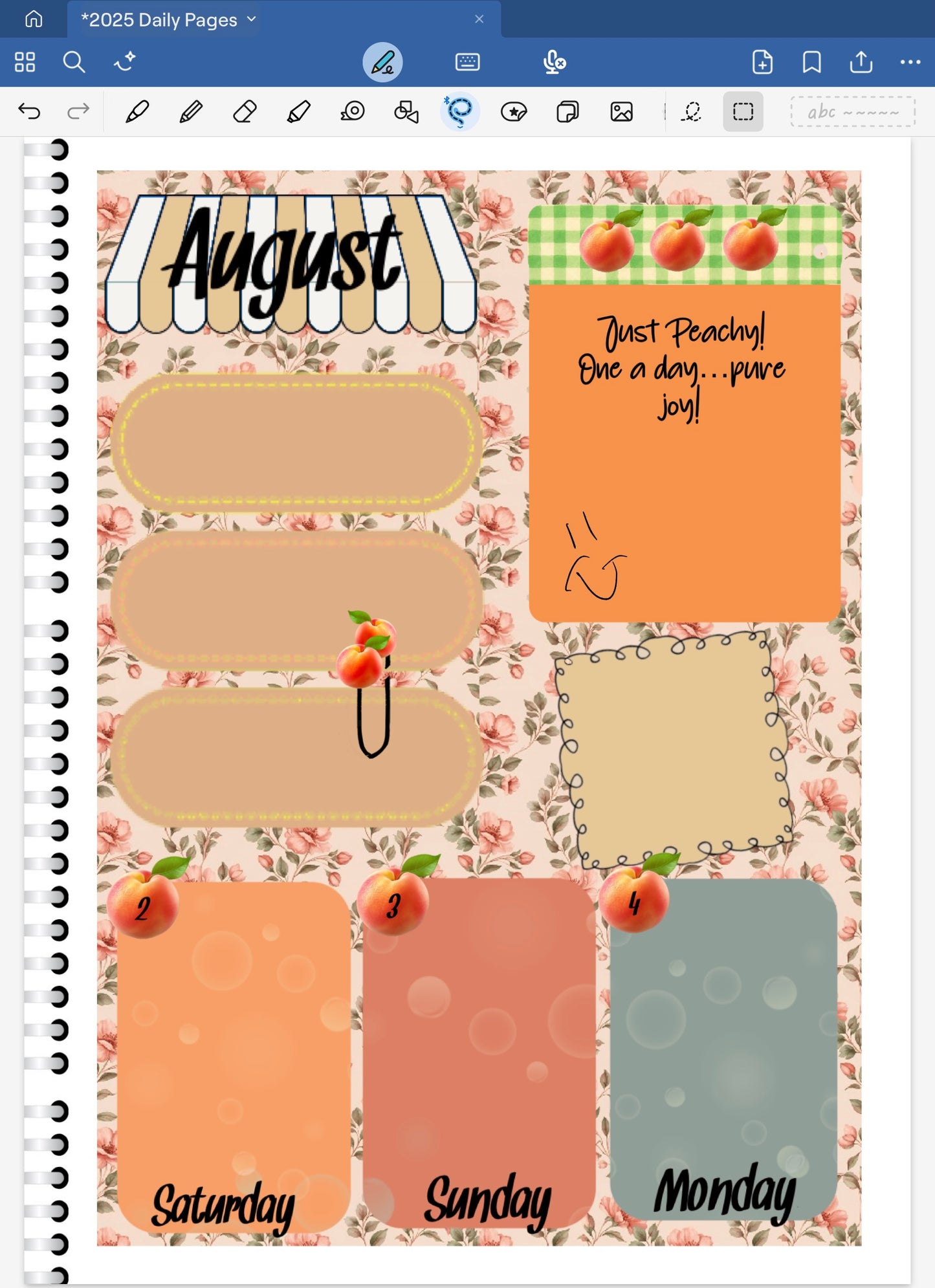 Goodnotes Digital Planner Spread with Just Peachy Farmstand Date Dots and matching stickers. Shabby Chic floral cottage vibes.
