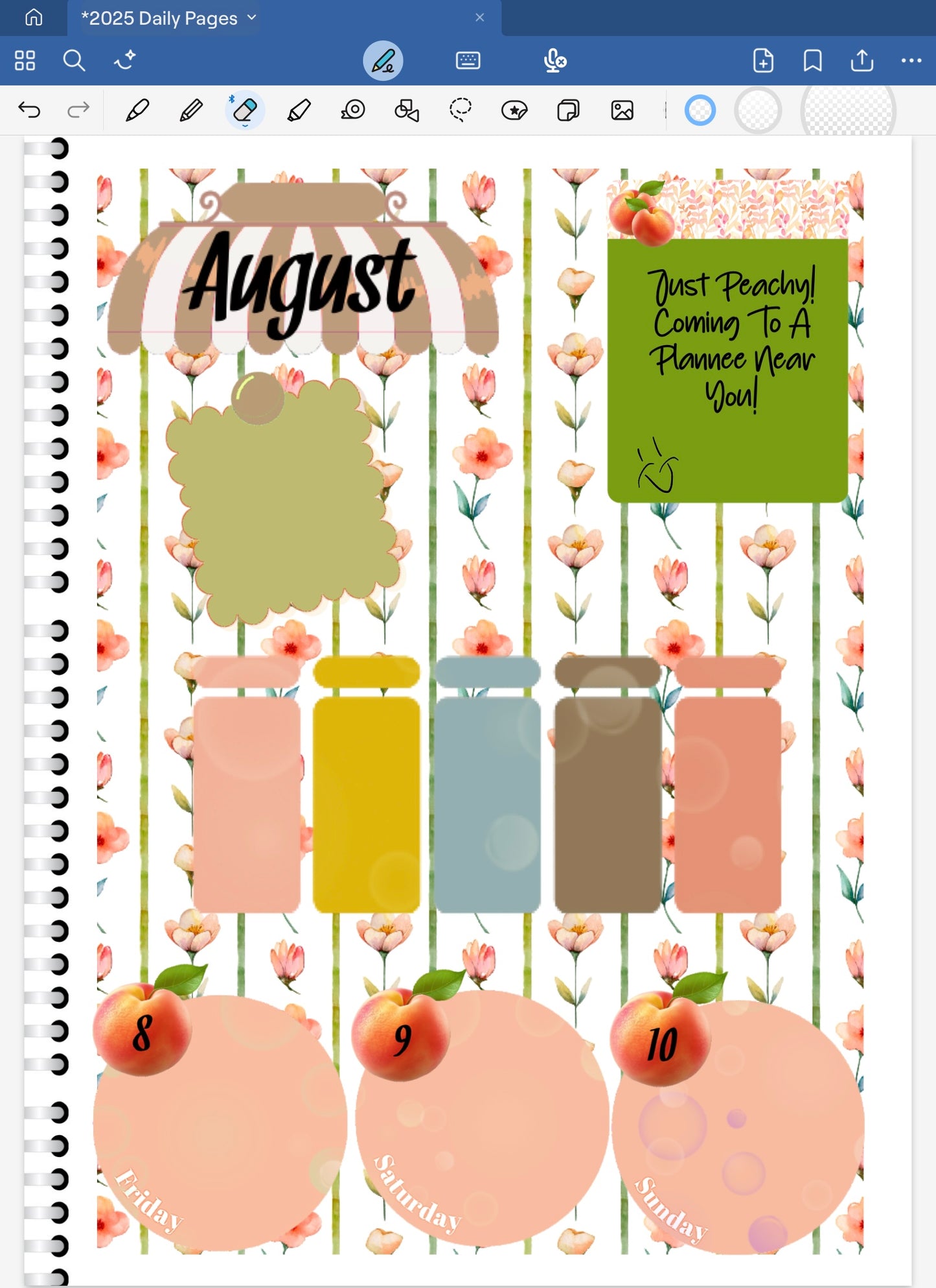 Goodnotes Digital Planner Spread with peaches, florals and awnings. Coordinated digital planner stickers and date dotes.