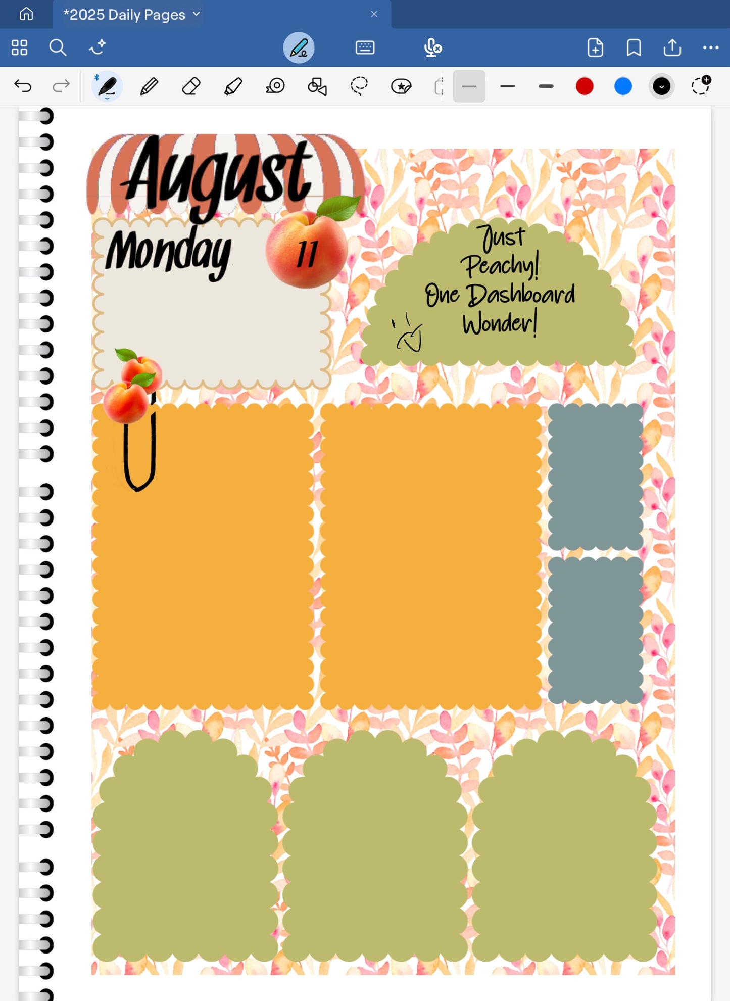 Goodnotes Digital Planner Spread with awning and peach date dots and coordinating stickers. One dashboard for when you are in a hurry!