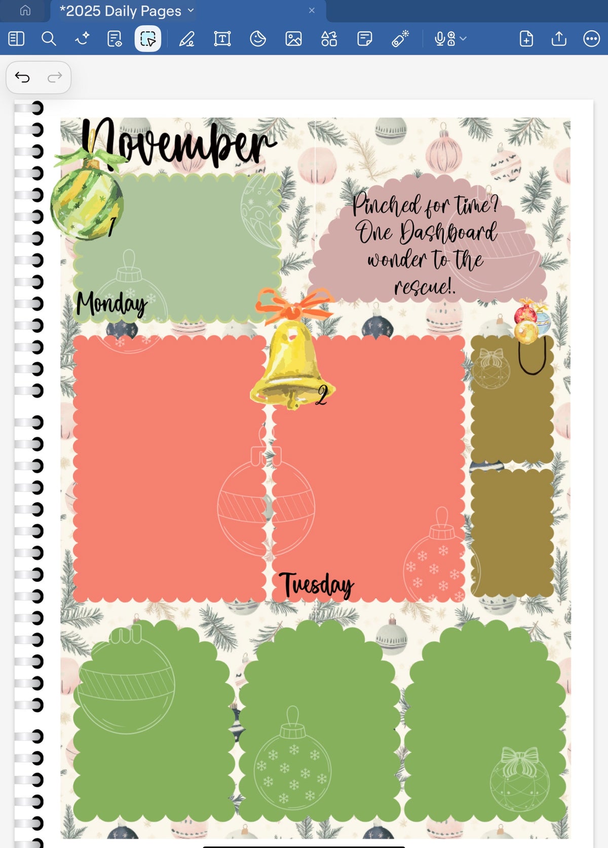 Goodnotes Digital Planner Spread only using date dots, stickers and coordinating pattren paper from the Season's Greetings Digital Sticker Bundle.