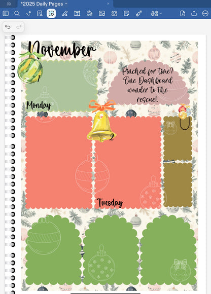 Goodnotes Digital Planner Spread only using date dots, stickers and coordinating pattren paper from the Season's Greetings Digital Sticker Bundle.