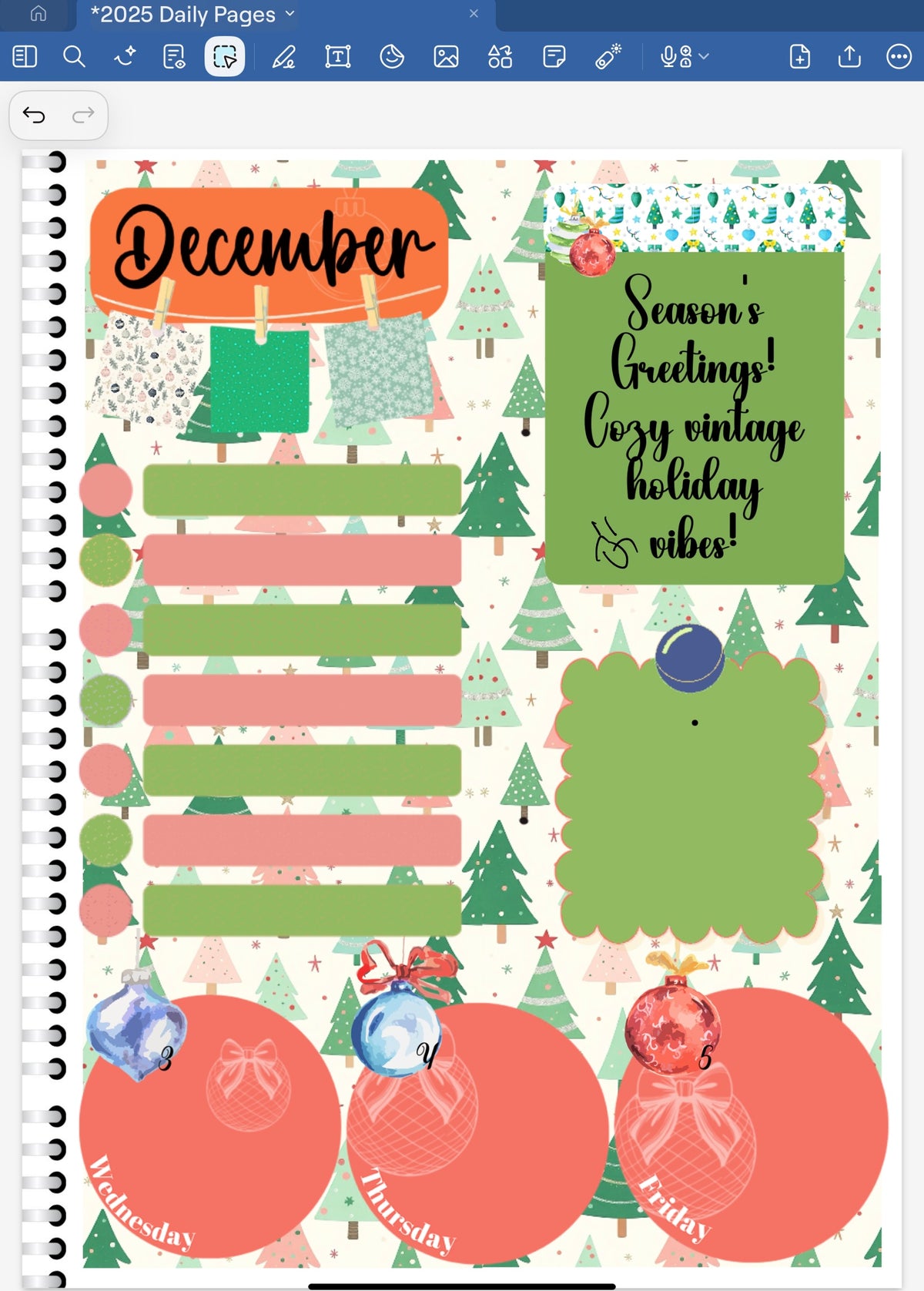 Goodnotes Digital Planner Spread only using date dots, stickers and coordinating pattren paper from the Season's Greetings Digital Sticker Bundle.Greetings! Cozy vintage holiday vibe!'