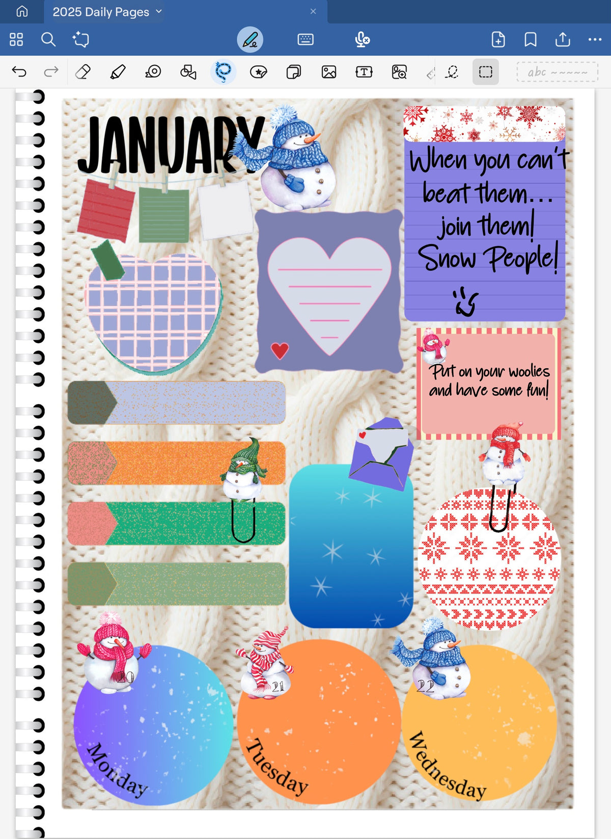 Goodnotes Digital Planner spread using only date dots, stickers and coordinated patterned paper from the Goodnotes Snowpeople Digital Sticker Bundle.