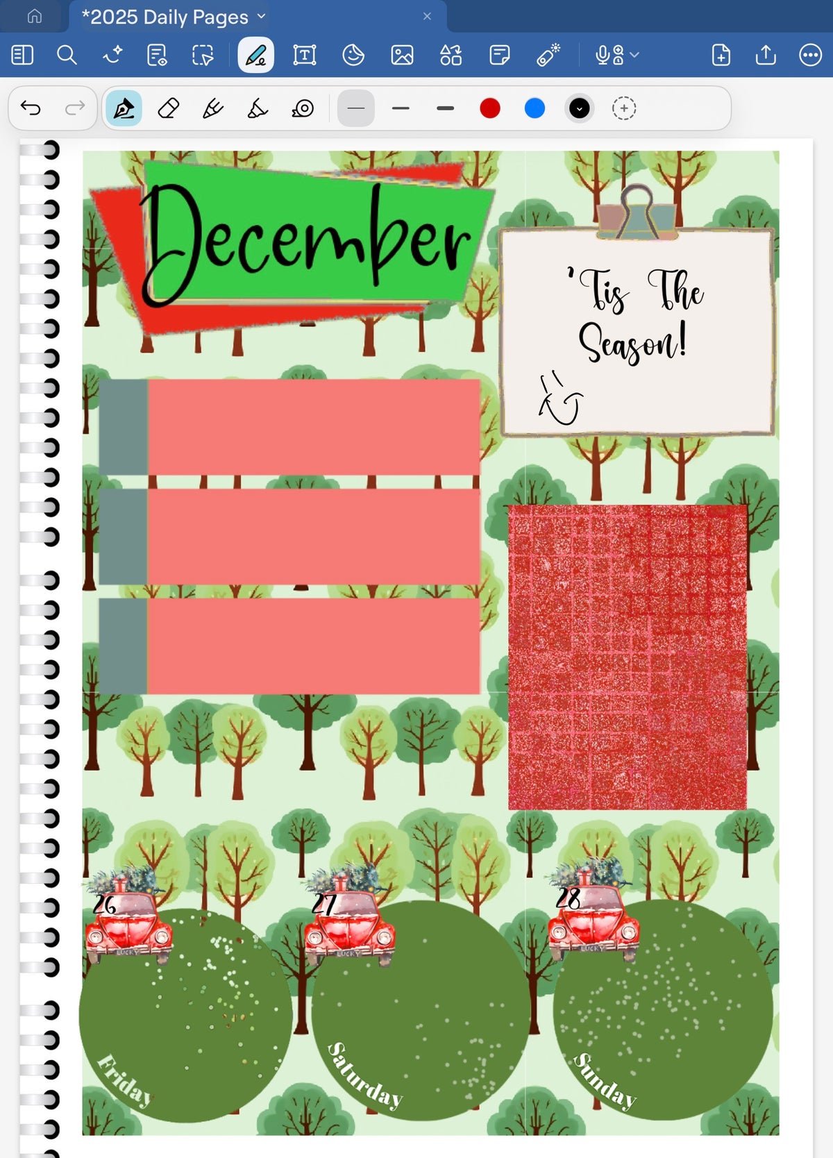 Goodnotes Digital Planner Spread only using date dots, stickers and coordinatinga patterned paper from the Tis The Season Digital Bundle.