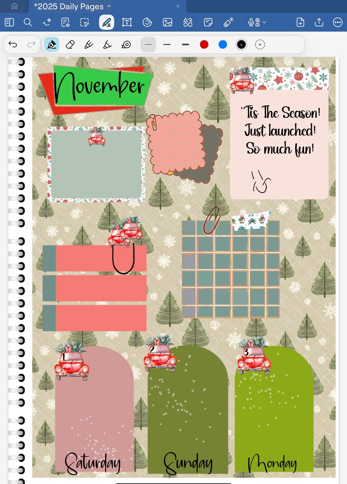 Goodnotes Digital Planner Spread only using date dots, stickers and coordinatinga patterned paper from the Tis The Season Digital Bundle.
